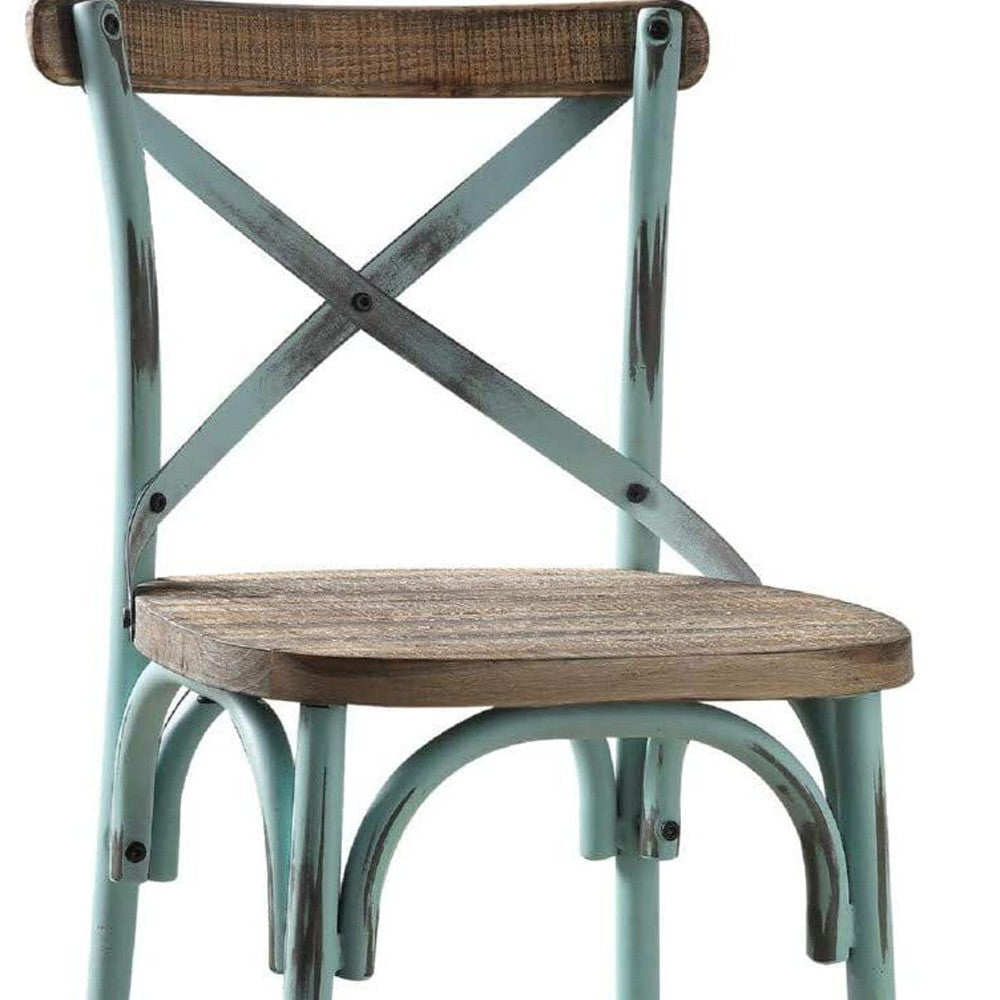 21" Brown And Turquoise Solid Wood And Metal Bar Chair-Bar Chairs-DECOROLALA