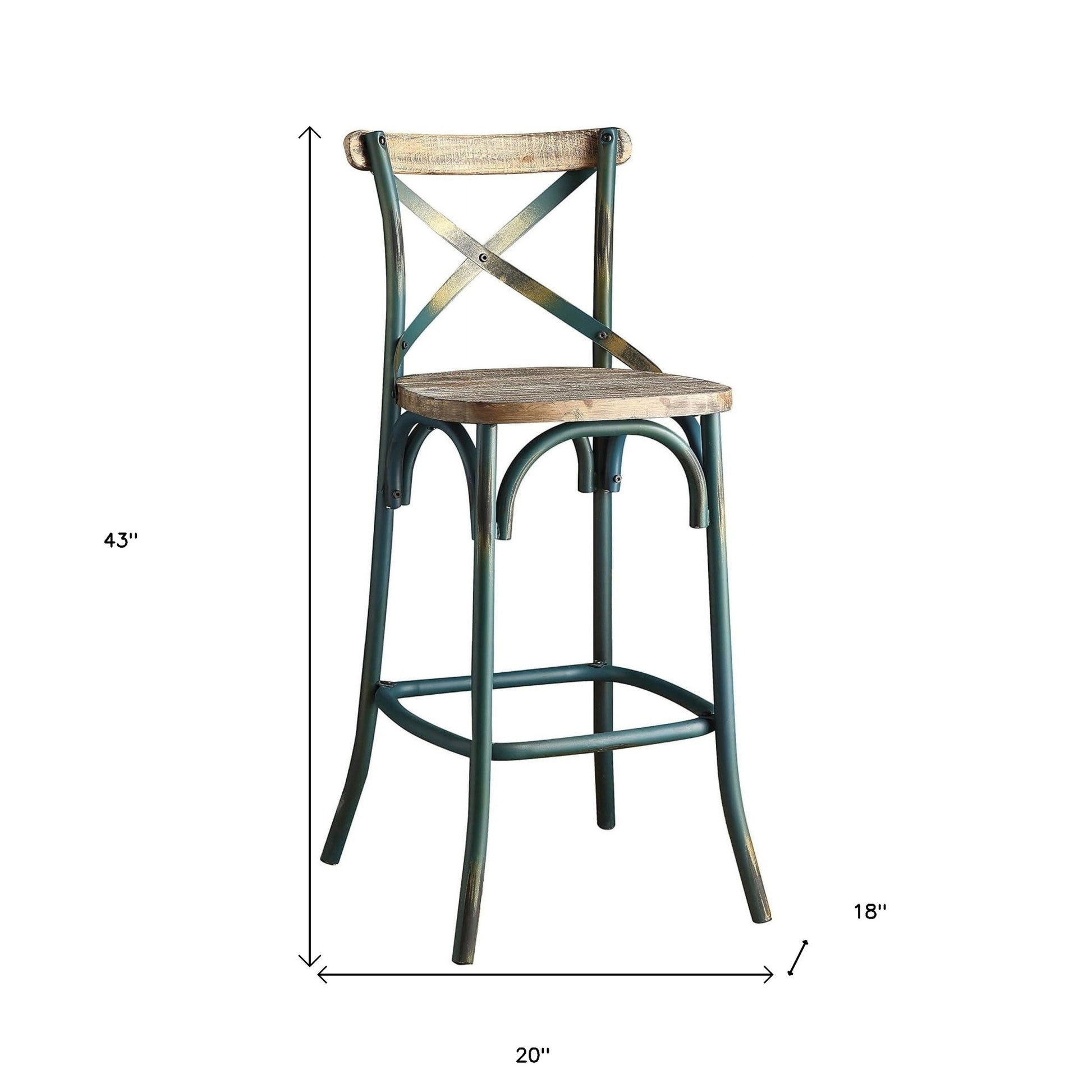 21" Brown And Turquoise Solid Wood And Metal Bar Chair-Bar Chairs-DECOROLALA