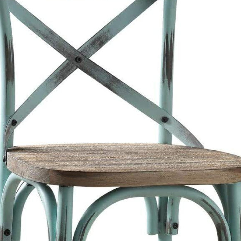 21" Brown And Turquoise Solid Wood And Metal Bar Chair-Bar Chairs-DECOROLALA