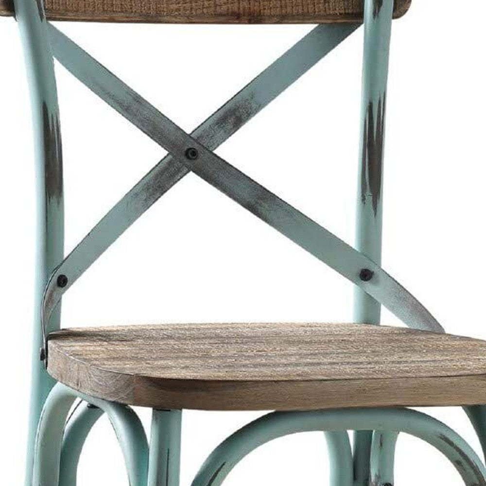 21" Brown And Turquoise Solid Wood And Metal Bar Chair-Bar Chairs-DECOROLALA
