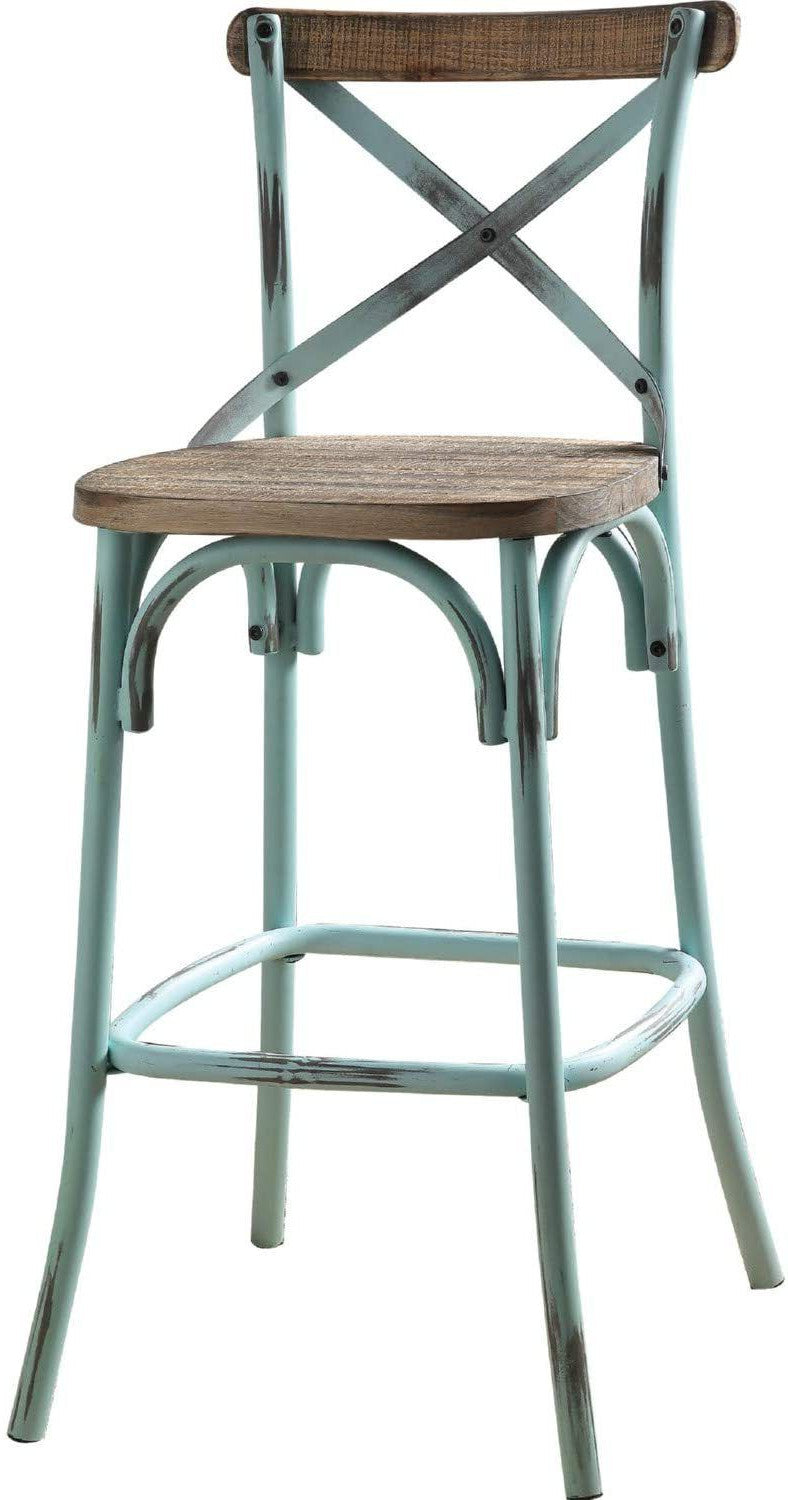 21" Brown And Turquoise Solid Wood And Metal Bar Chair-Bar Chairs-DECOROLALA