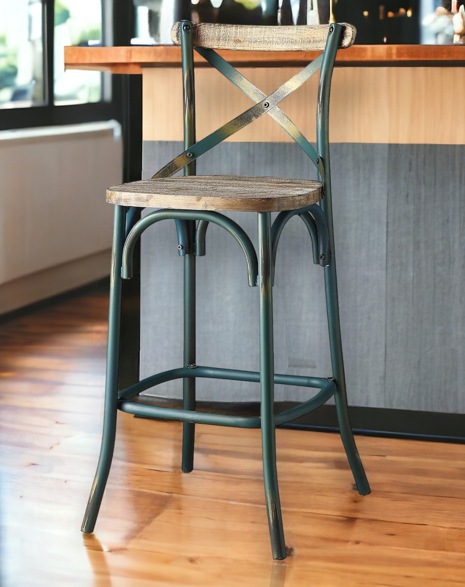 21" Brown And Turquoise Solid Wood And Metal Bar Chair-Bar Chairs-DECOROLALA