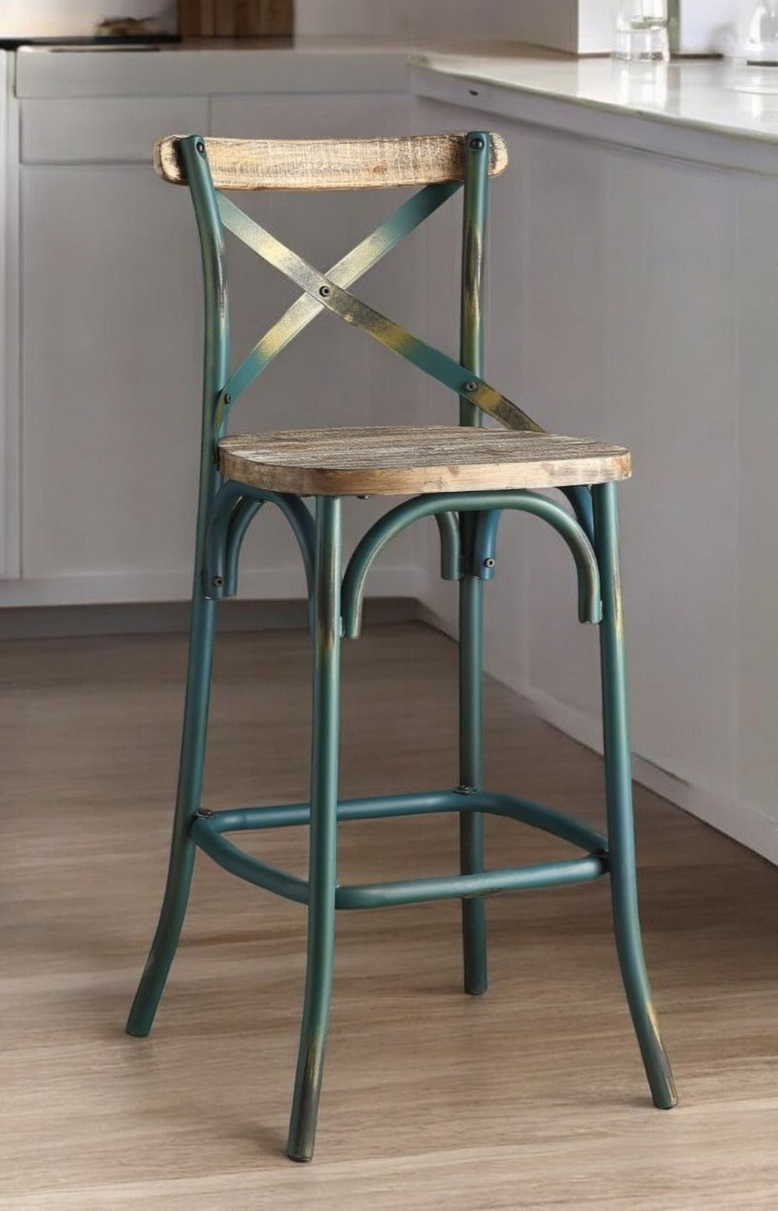 21" Brown And Turquoise Solid Wood And Metal Bar Chair-Bar Chairs-DECOROLALA