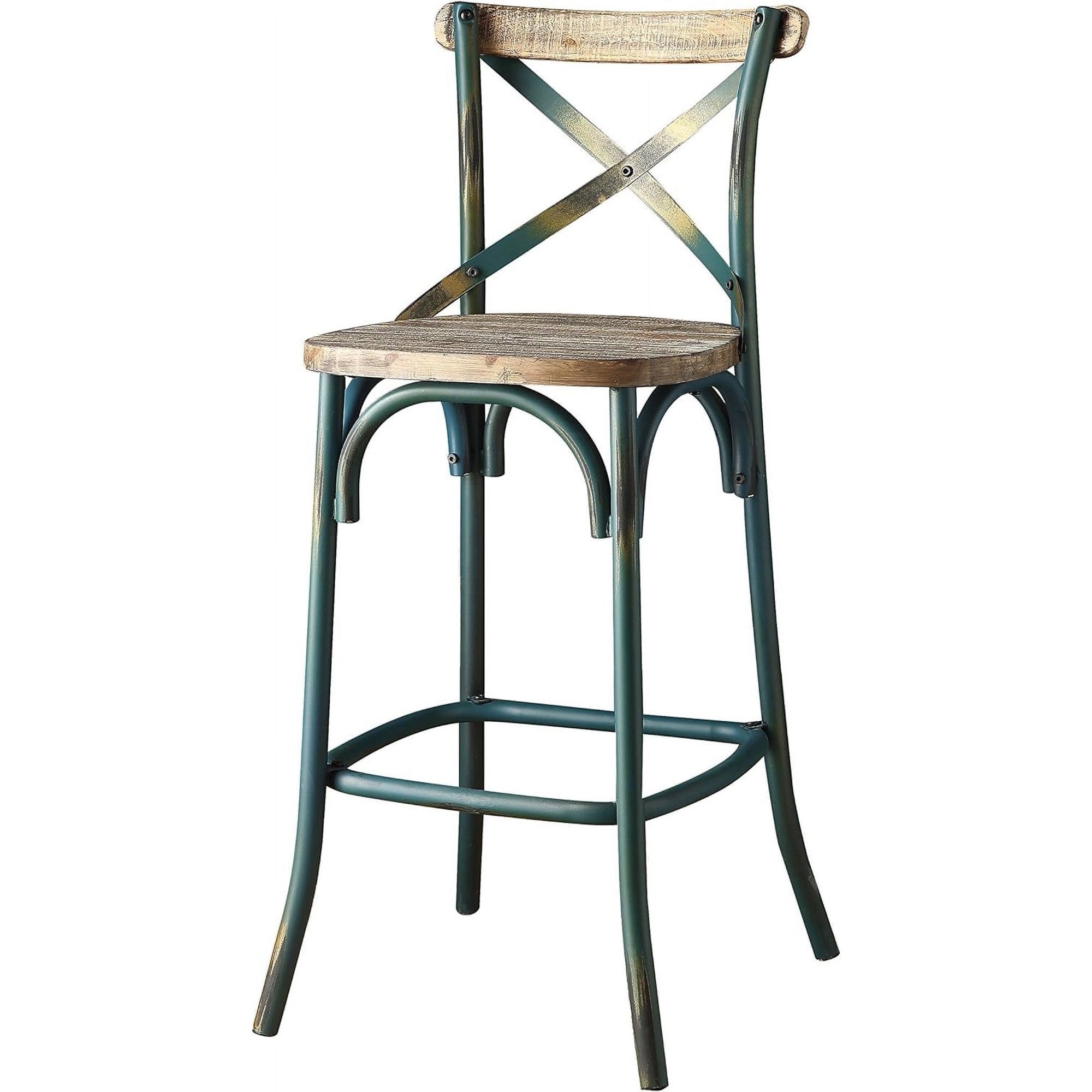 21" Brown And Turquoise Solid Wood And Metal Bar Chair-Bar Chairs-DECOROLALA