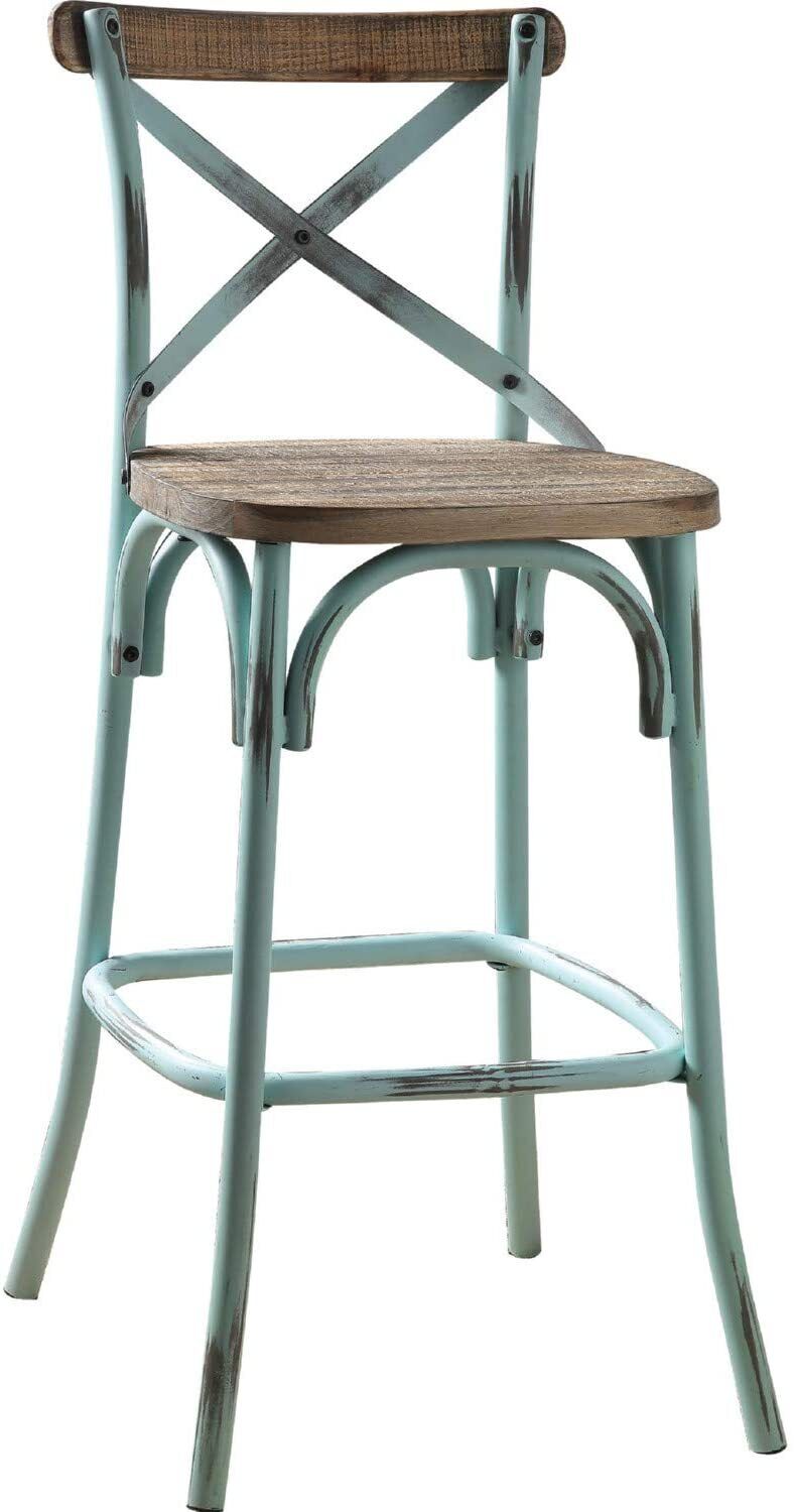 21" Brown And Turquoise Solid Wood And Metal Bar Chair-Bar Chairs-DECOROLALA