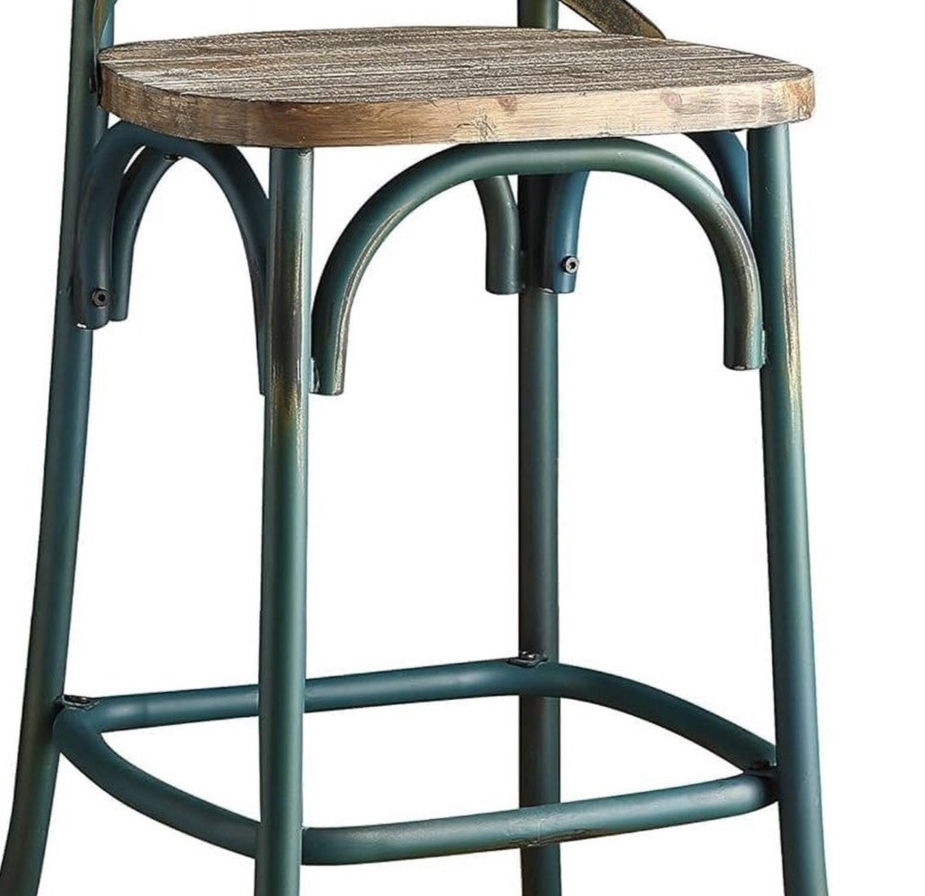 21" Brown And Turquoise Solid Wood And Metal Bar Chair-Bar Chairs-DECOROLALA
