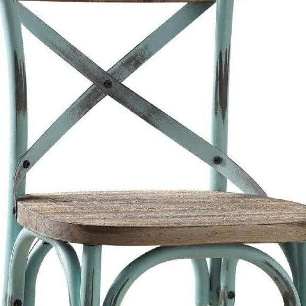 21" Brown And Turquoise Solid Wood And Metal Bar Chair-Bar Chairs-DECOROLALA