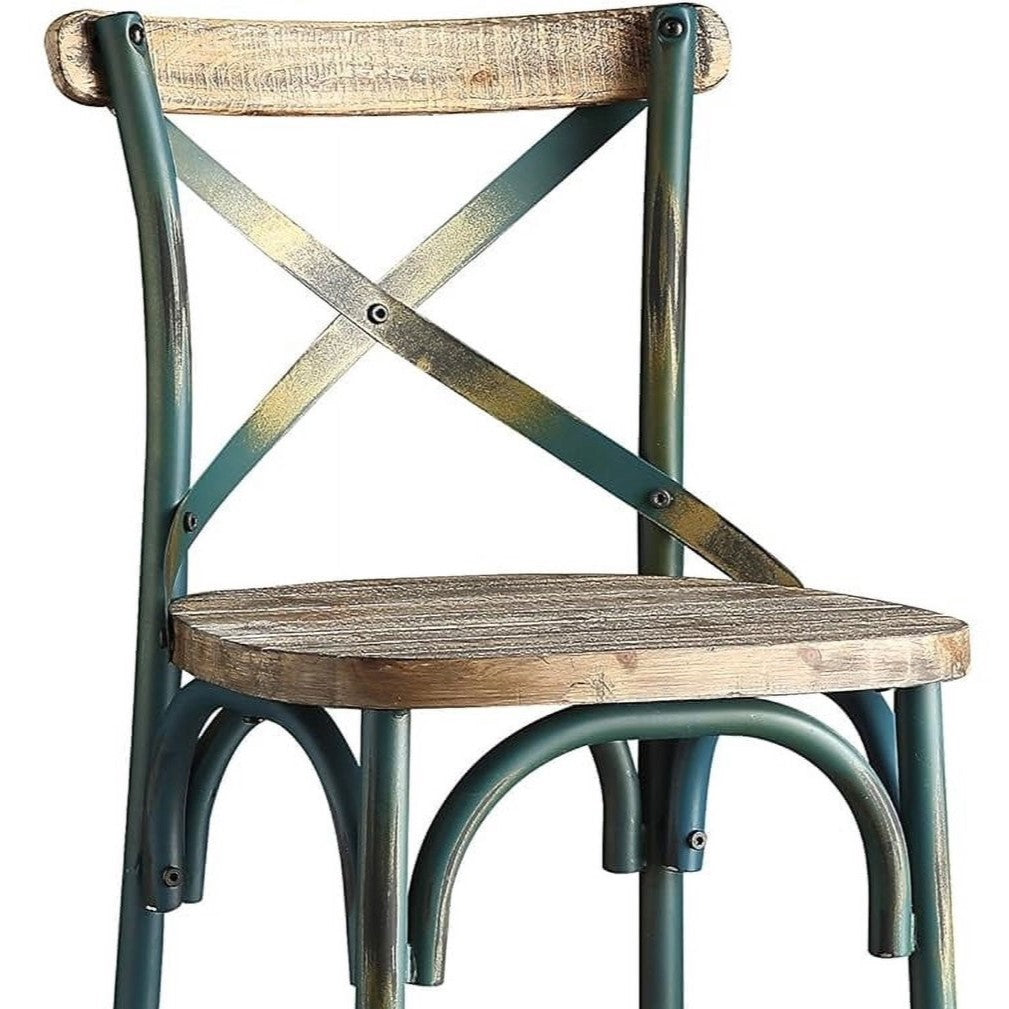 21" Brown And Turquoise Solid Wood And Metal Bar Chair-Bar Chairs-DECOROLALA