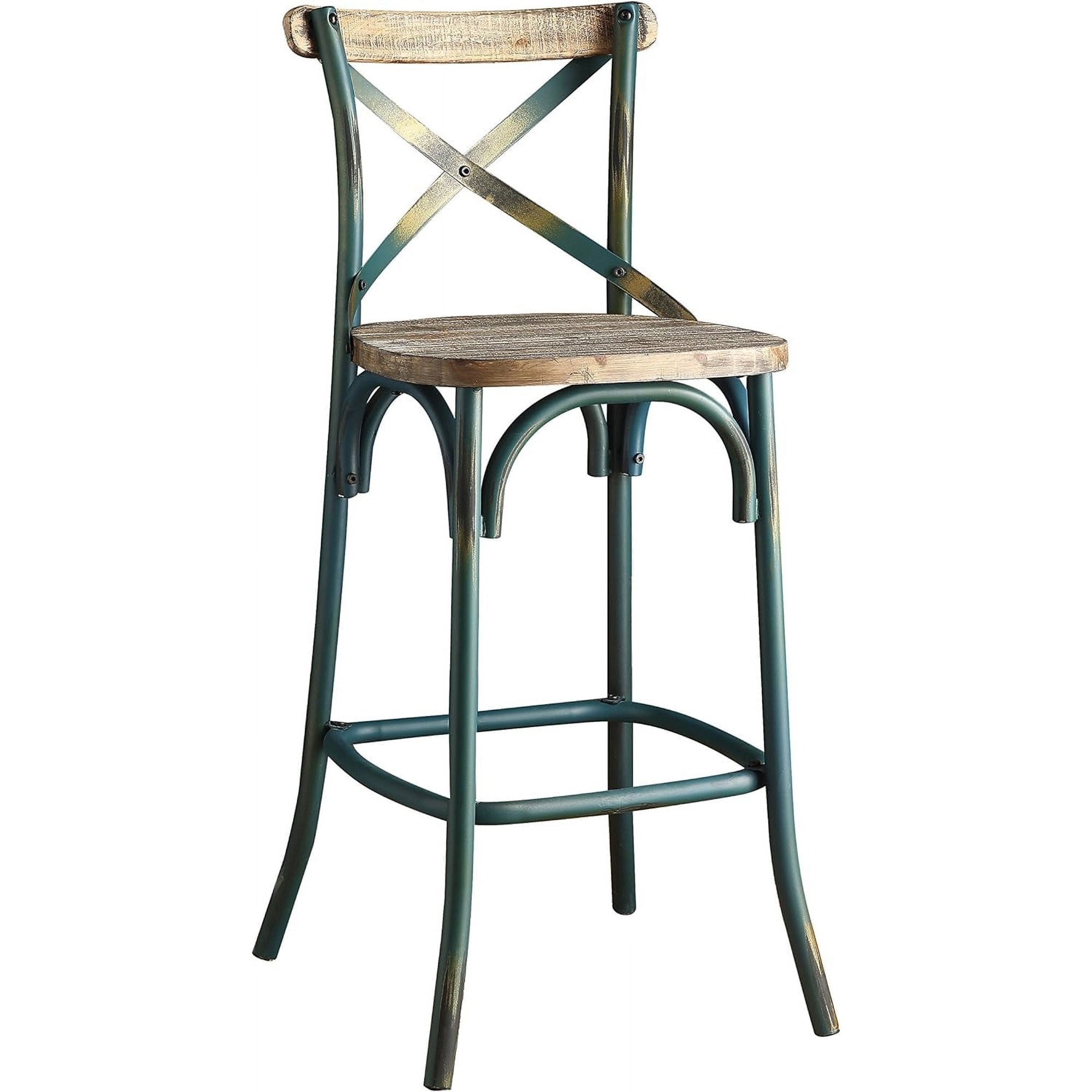21" Brown And Turquoise Solid Wood And Metal Bar Chair-Bar Chairs-DECOROLALA