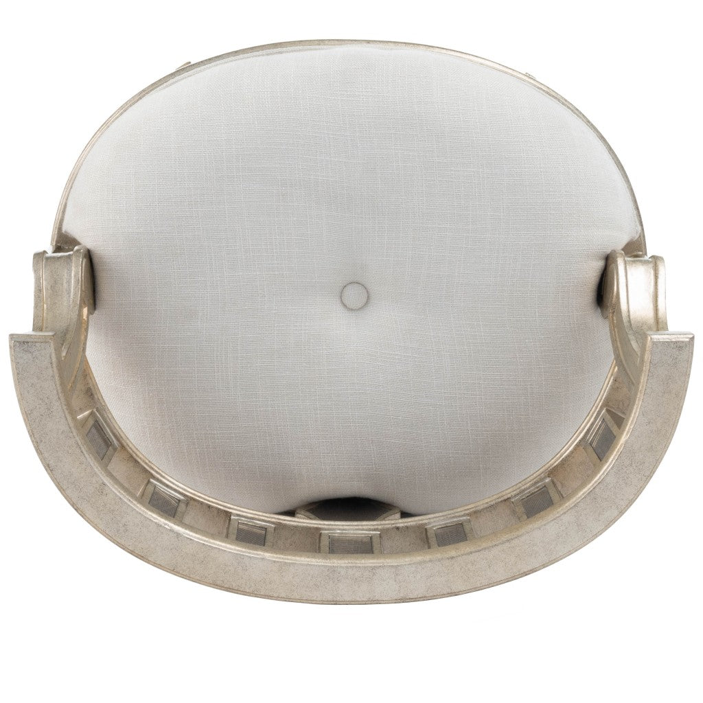 21" Cream Linen And Silver Metallic Round Ottoman-Ottomans-DECOROLALA