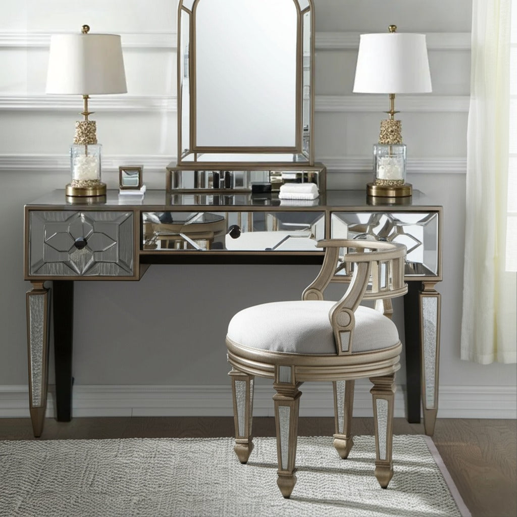 21" Cream Linen And Silver Metallic Round Ottoman-Ottomans-DECOROLALA