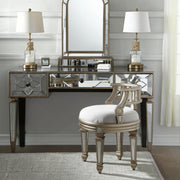 21" Cream Linen And Silver Metallic Round Ottoman-Ottomans-DECOROLALA