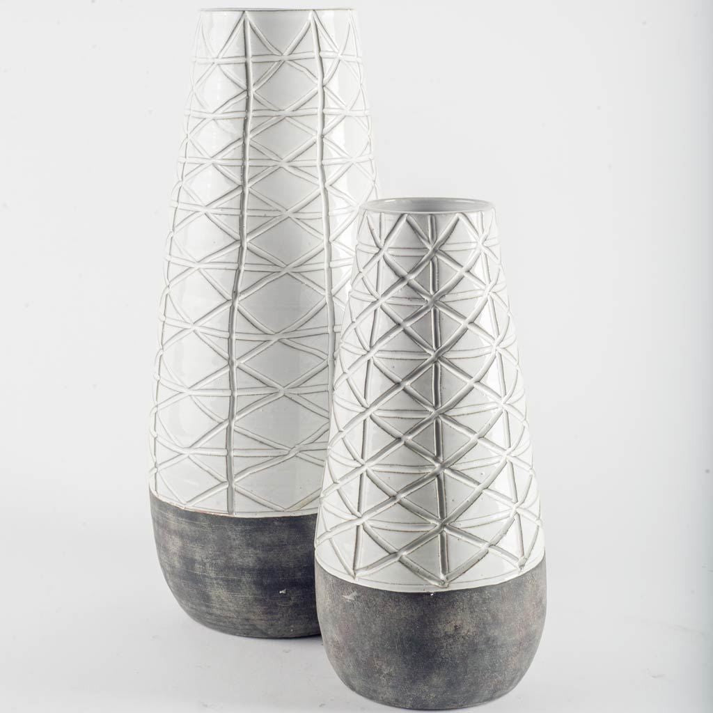 21" Gray And White Abstract Cylinder Ceramic Table Vase-Vases-DECOROLALA