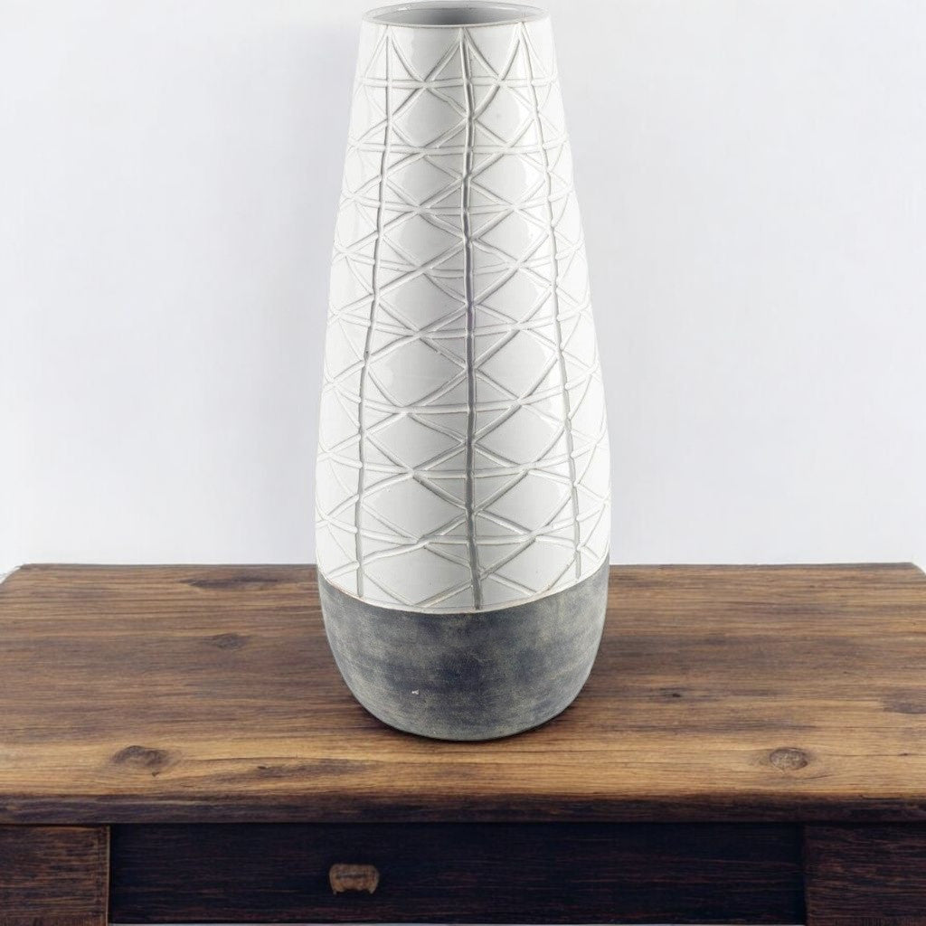 21" Gray And White Abstract Cylinder Ceramic Table Vase-Vases-DECOROLALA
