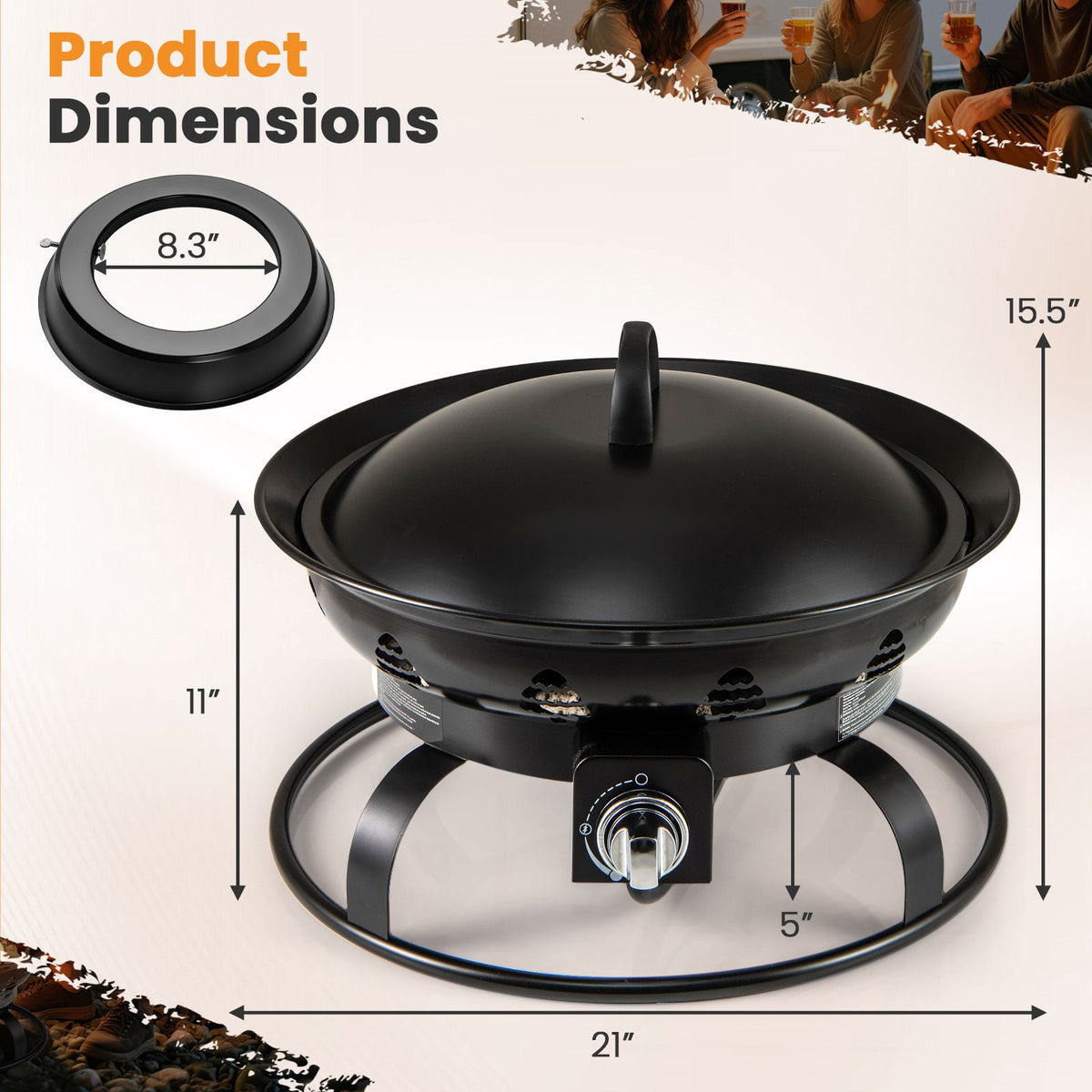 21 Inch Diameter Propane Gas Fire Pit Patio Portable Fire Bowl-Black-Fire Pits-DECOROLALA