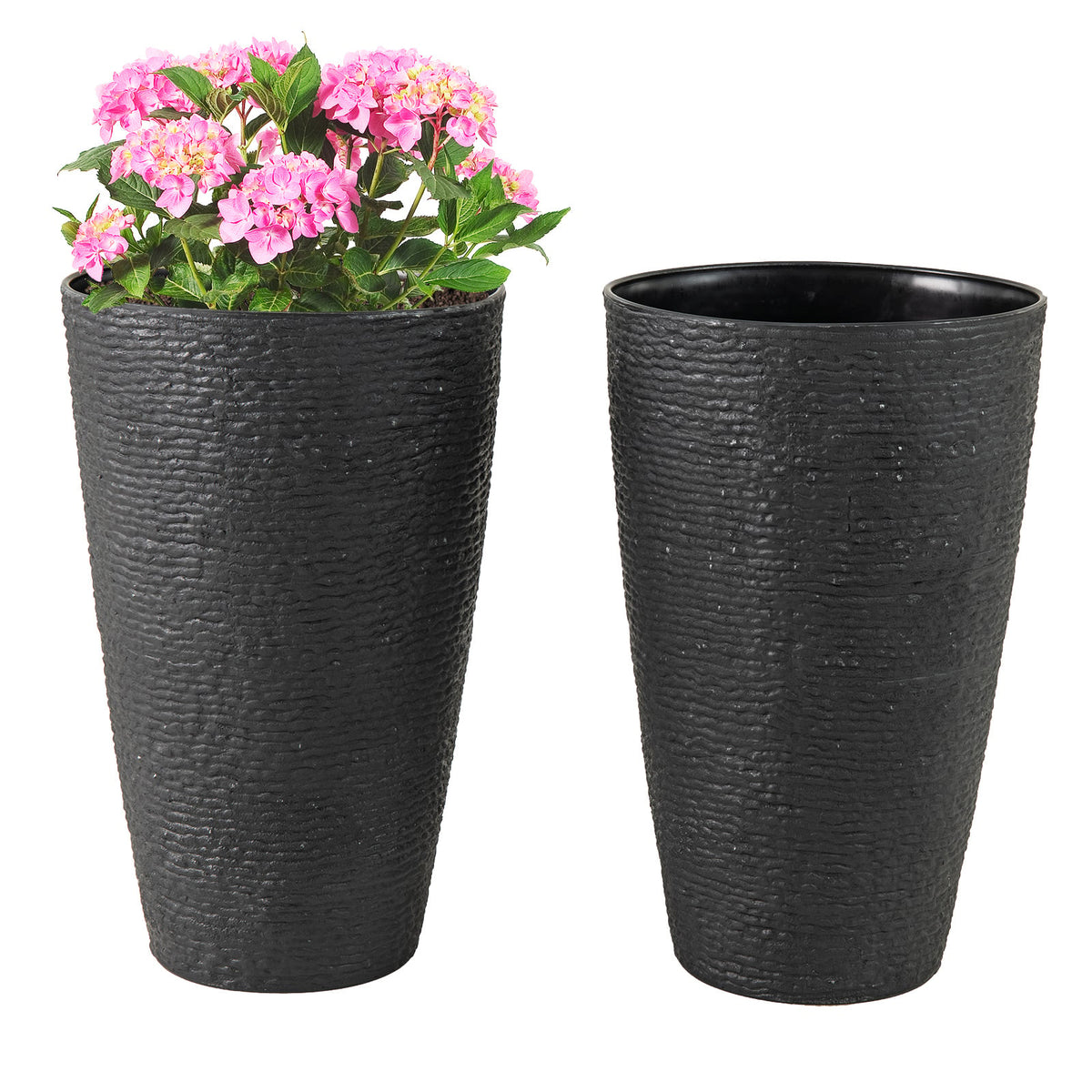 21 Inch Tall Round Plastic Planters Set of 2 Flower Pots with Drainage System-Black-Raised Garden Beds-DECOROLALA