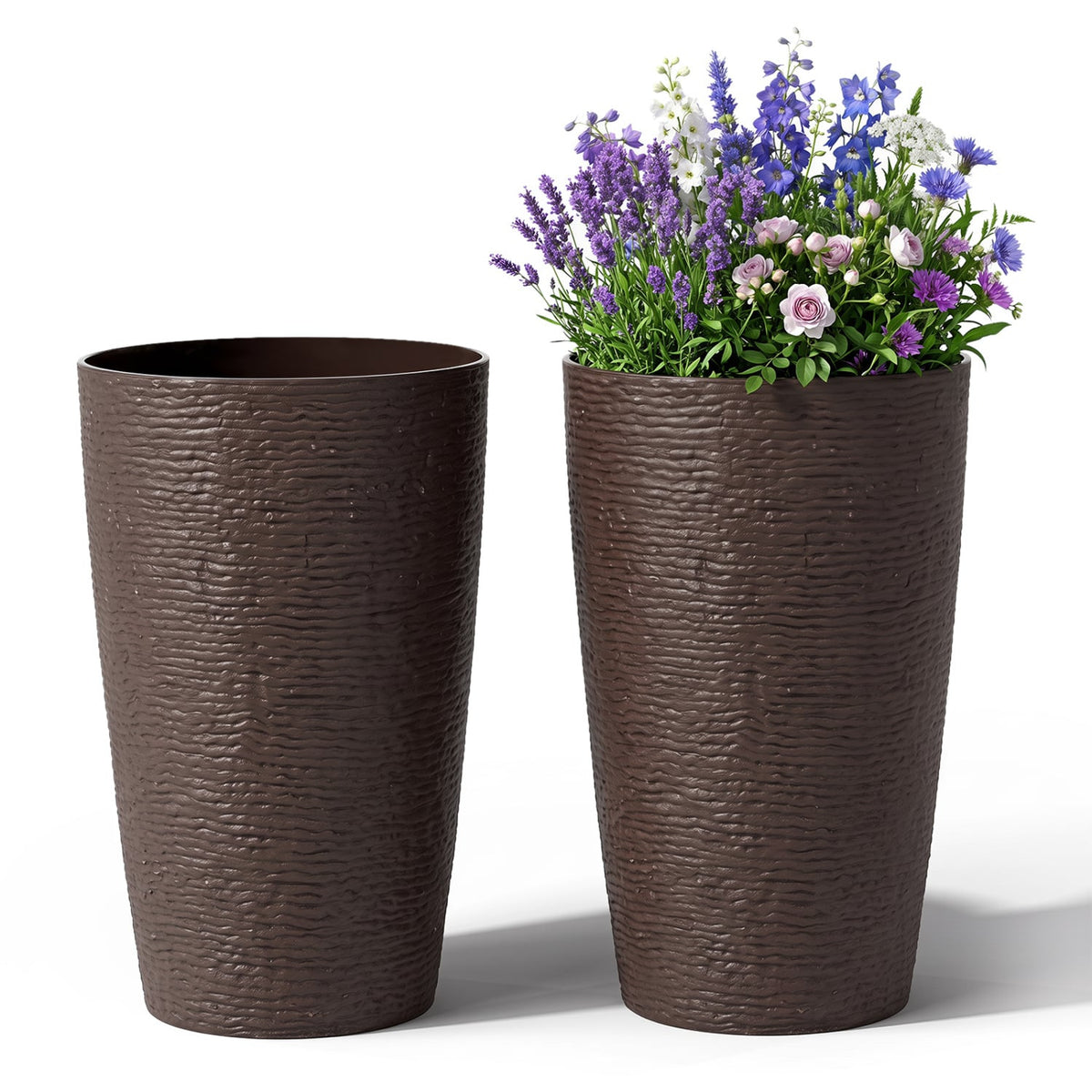21 Inch Tall Round Plastic Planters Set of 2 Flower Pots with Drainage System-Brown-Raised Garden Beds-DECOROLALA