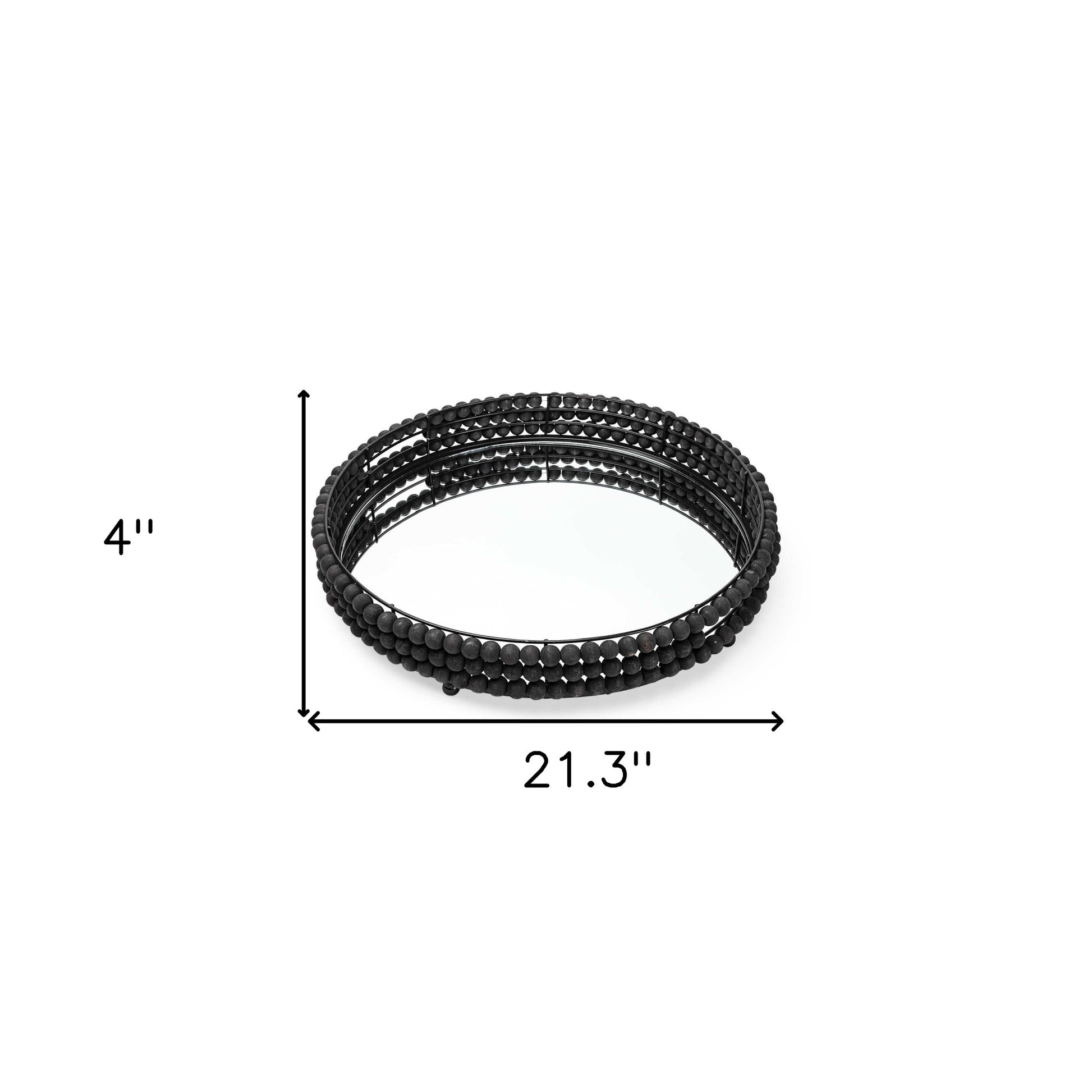 21" Matte Black Wood With Bead Mirrored Glass Bottom Round Tray-Trays-DECOROLALA