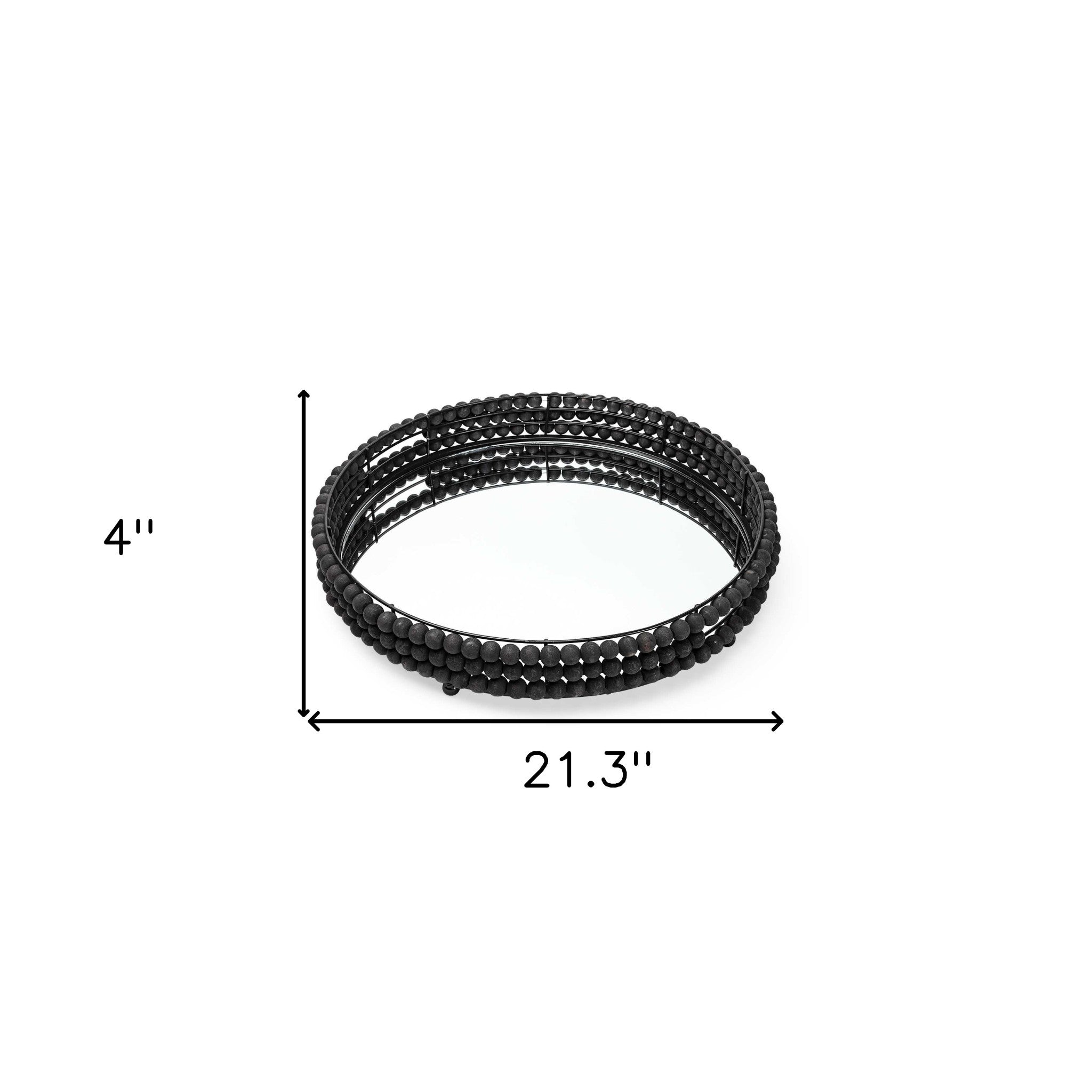 21" Matte Black Wood With Bead Mirrored Glass Bottom Round Tray-Trays-DECOROLALA