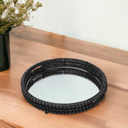 21" Matte Black Wood With Bead Mirrored Glass Bottom Round Tray-Trays-DECOROLALA