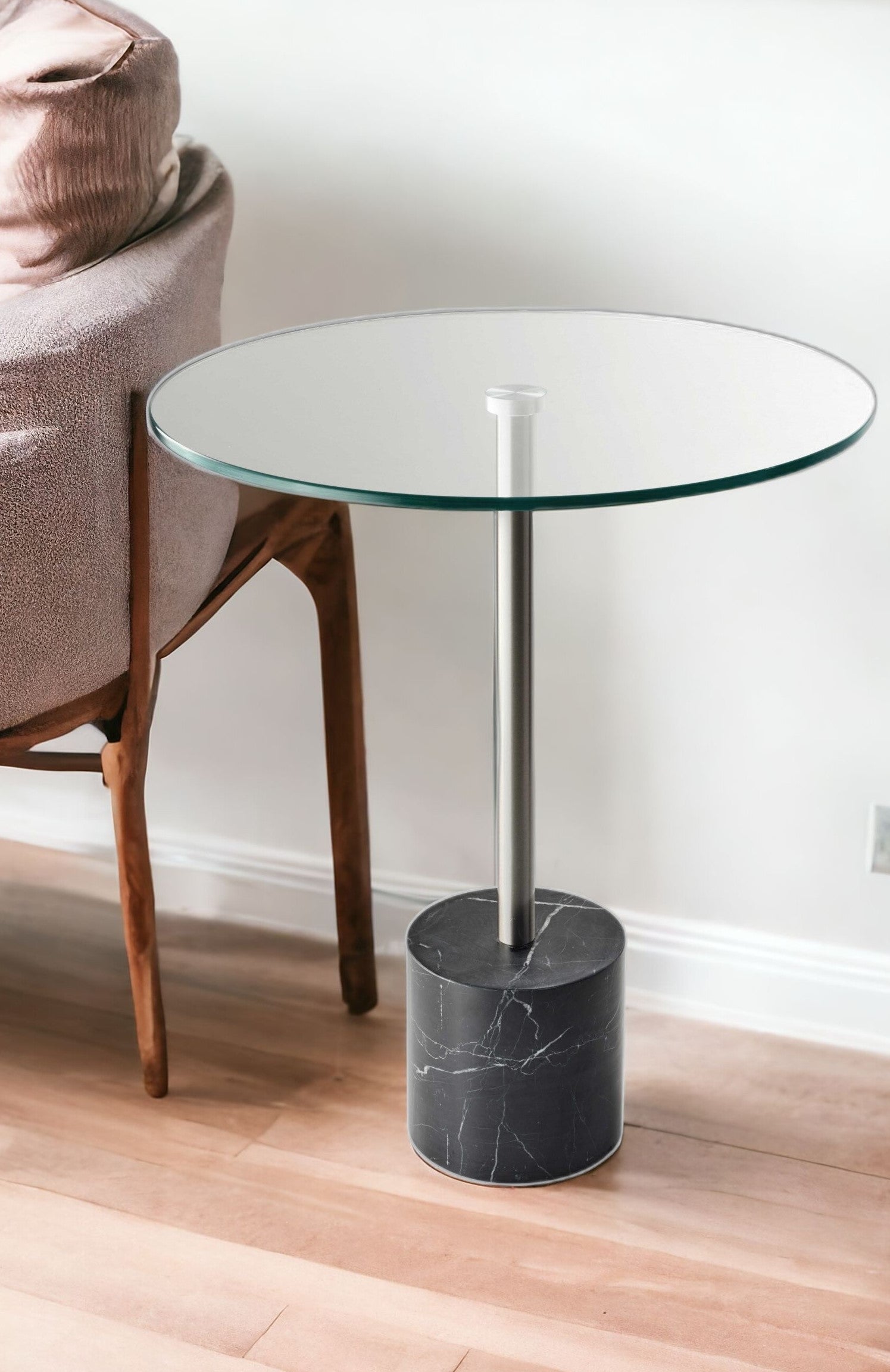 21" Silver And Clear Glass Round End Table-End-Side Tables-DECOROLALA