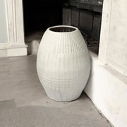 21" White Striped Ceramic Cylinder Floor Vase-Vases-DECOROLALA