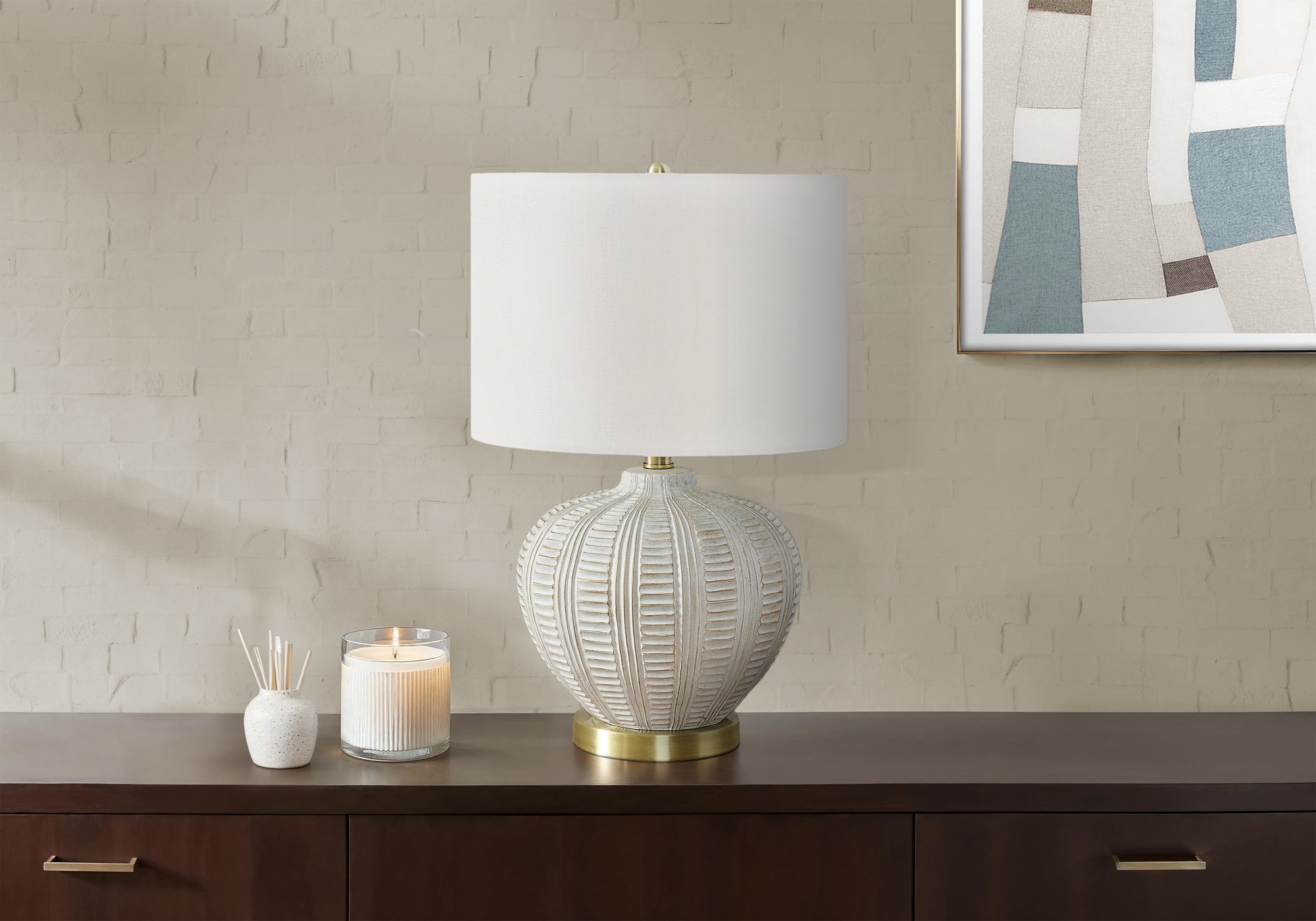21"H Table Lamp Cream Resin Ivory Shade-Lighting-DECOROLALA