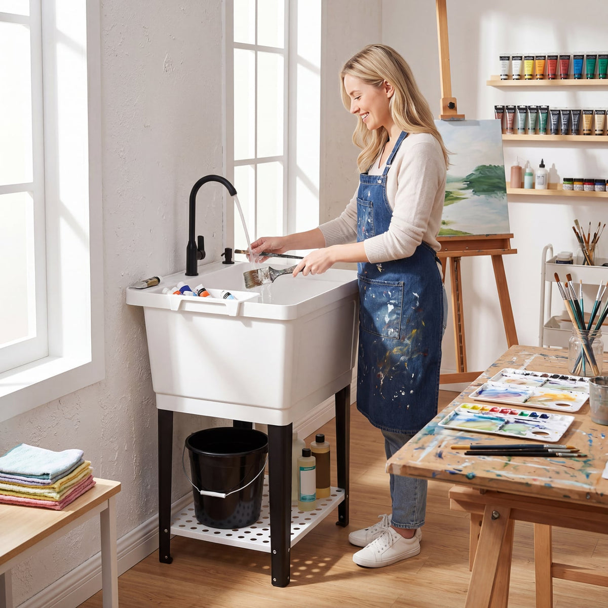 21.1 Gal Utility Sink Laundry Tub with Rotating Faucet and Adjustable Legs-M-Garages-DECOROLALA