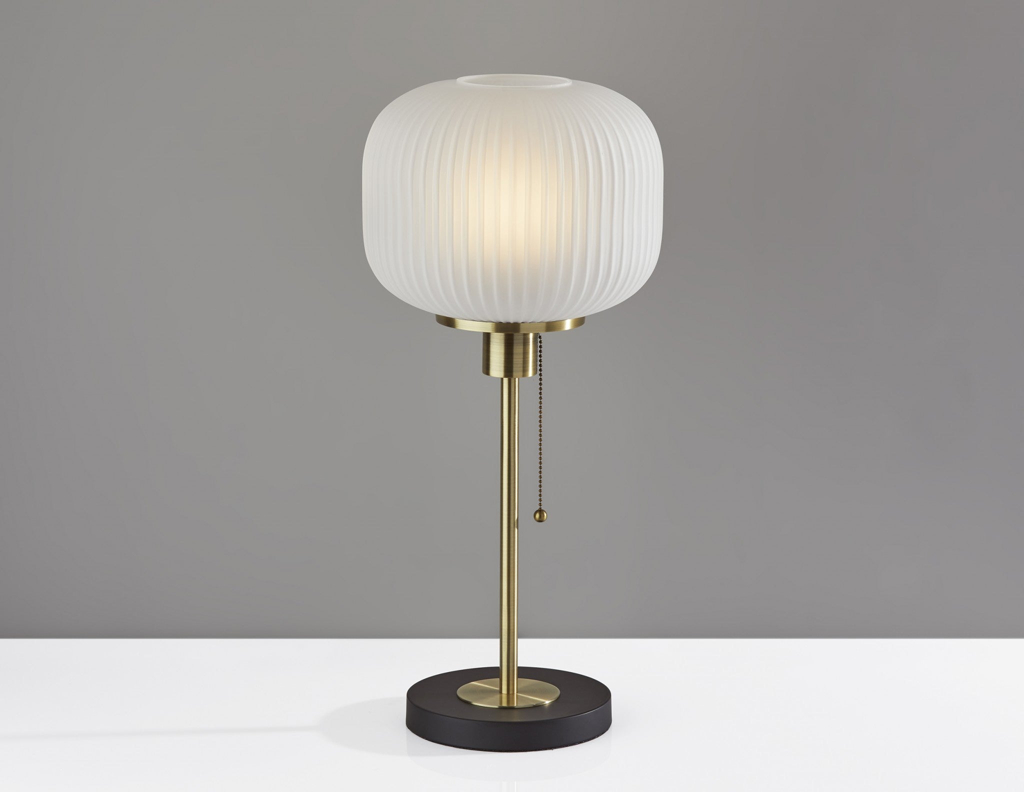 22" Antiqued Brass Table Lamp With White Ribbed Frosted Glass Dome Shade-Table Lamps-DECOROLALA