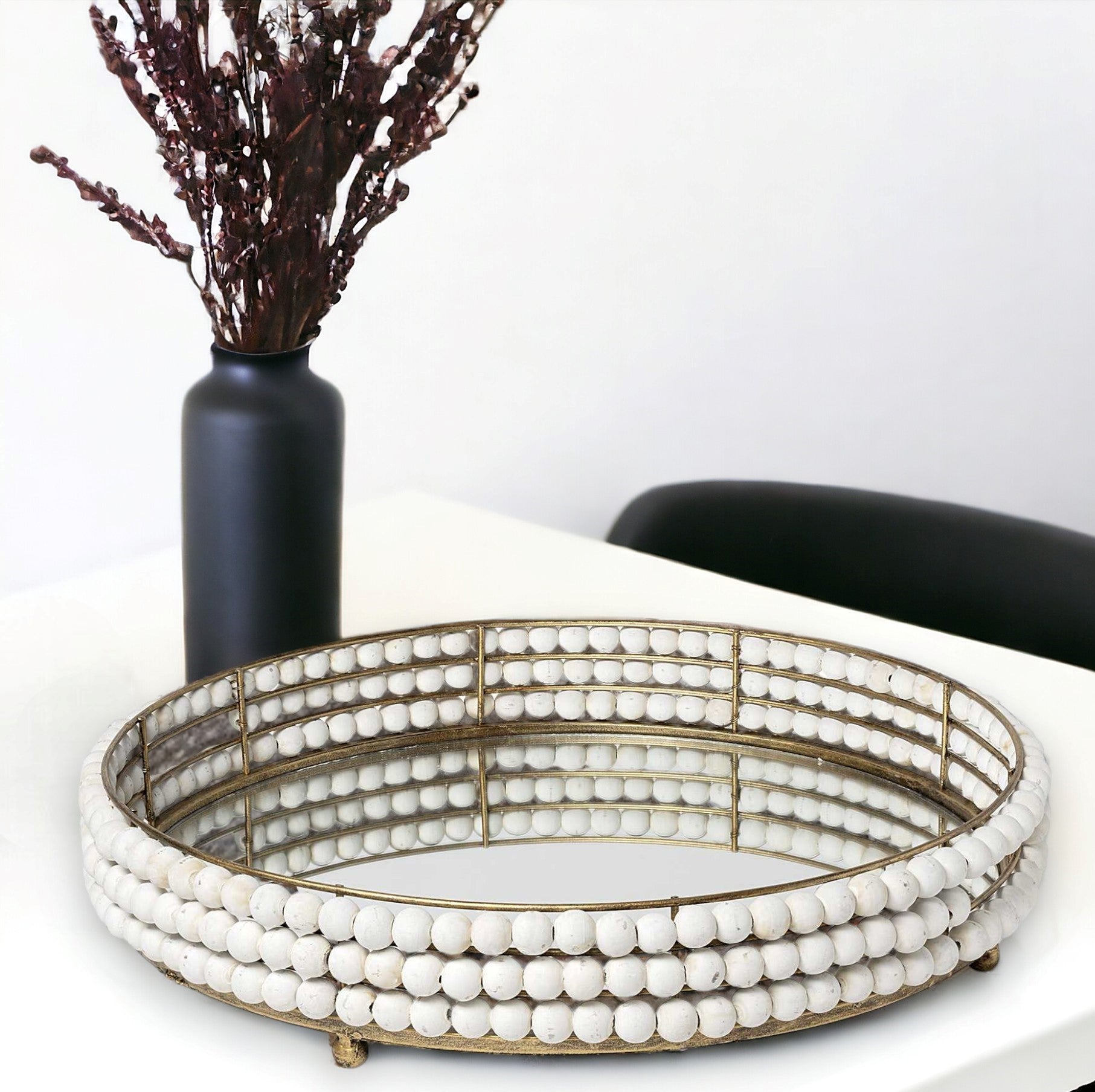 22" Antiqued Gold And White Metal Wood And Mirrored Glass Round Vanity Tray-Trays-DECOROLALA