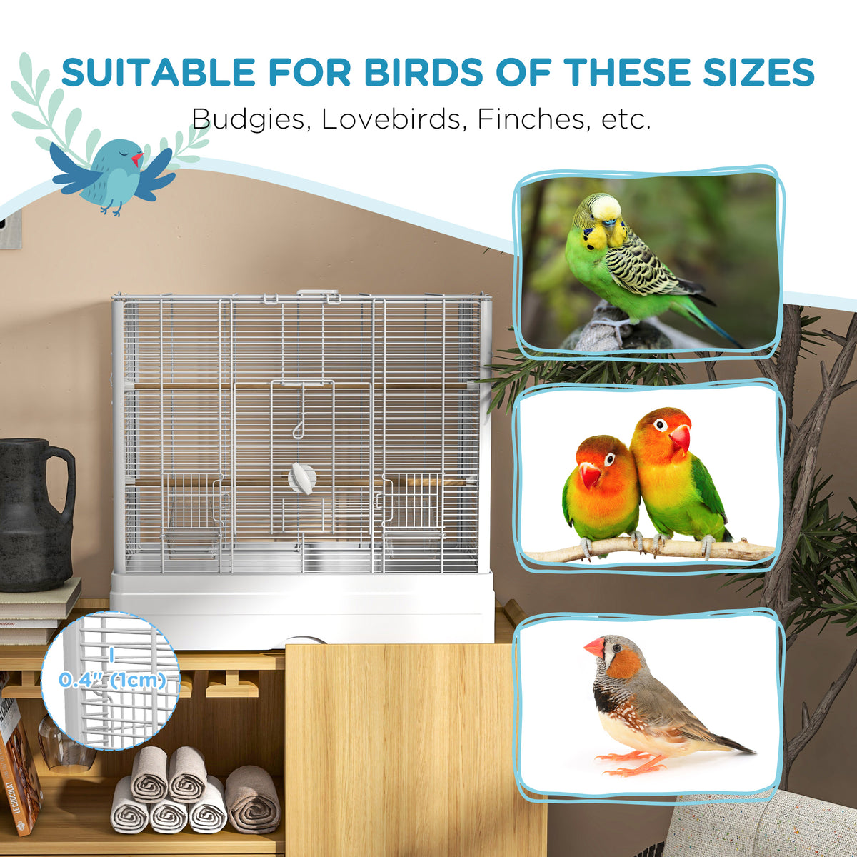 22" Bird Cage for Small Birds with Slide-Out Tray - White-Birds-DECOROLALA
