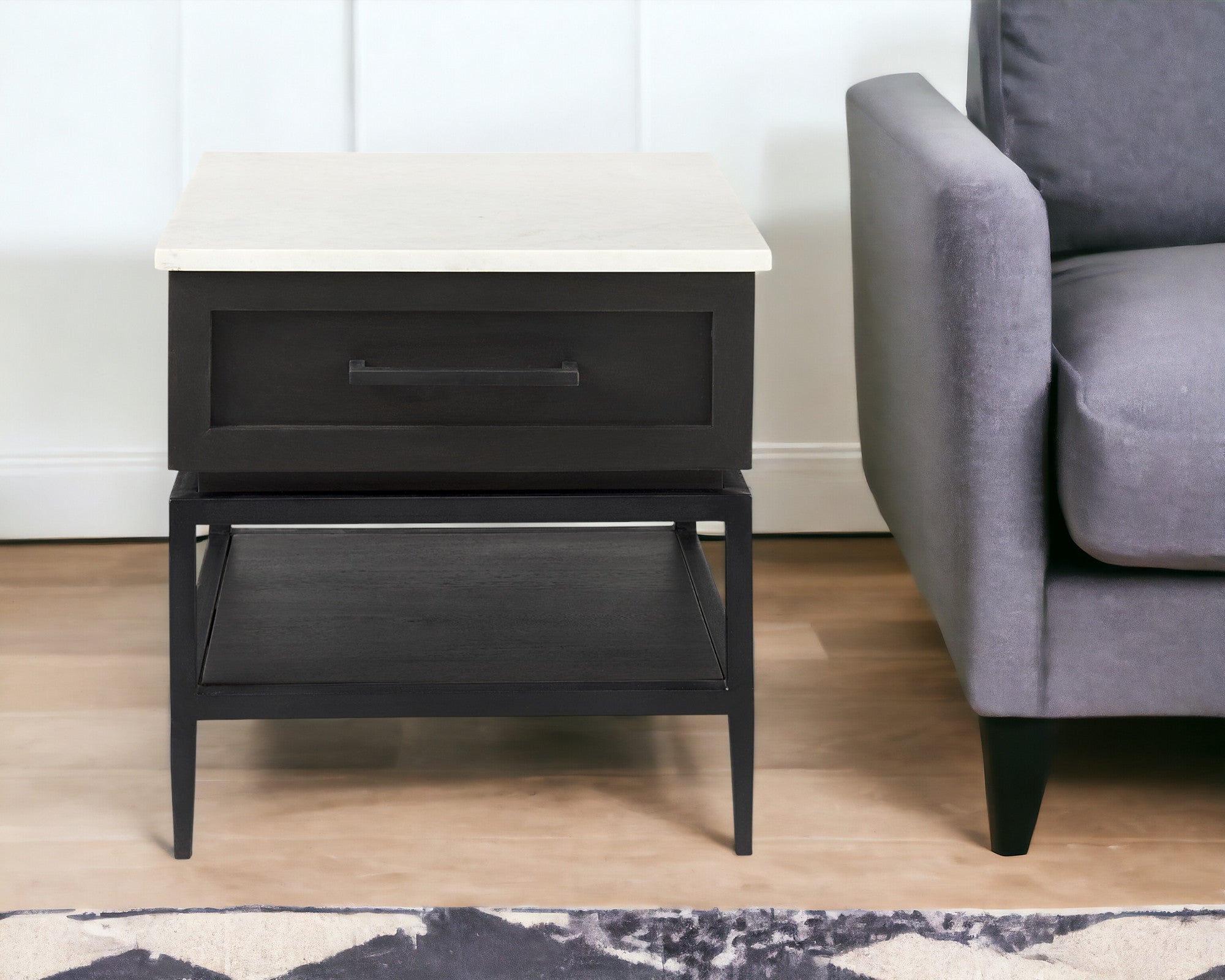 22" Black And White Marble Square End Table With Drawer And Shelf-End-Side Tables-DECOROLALA