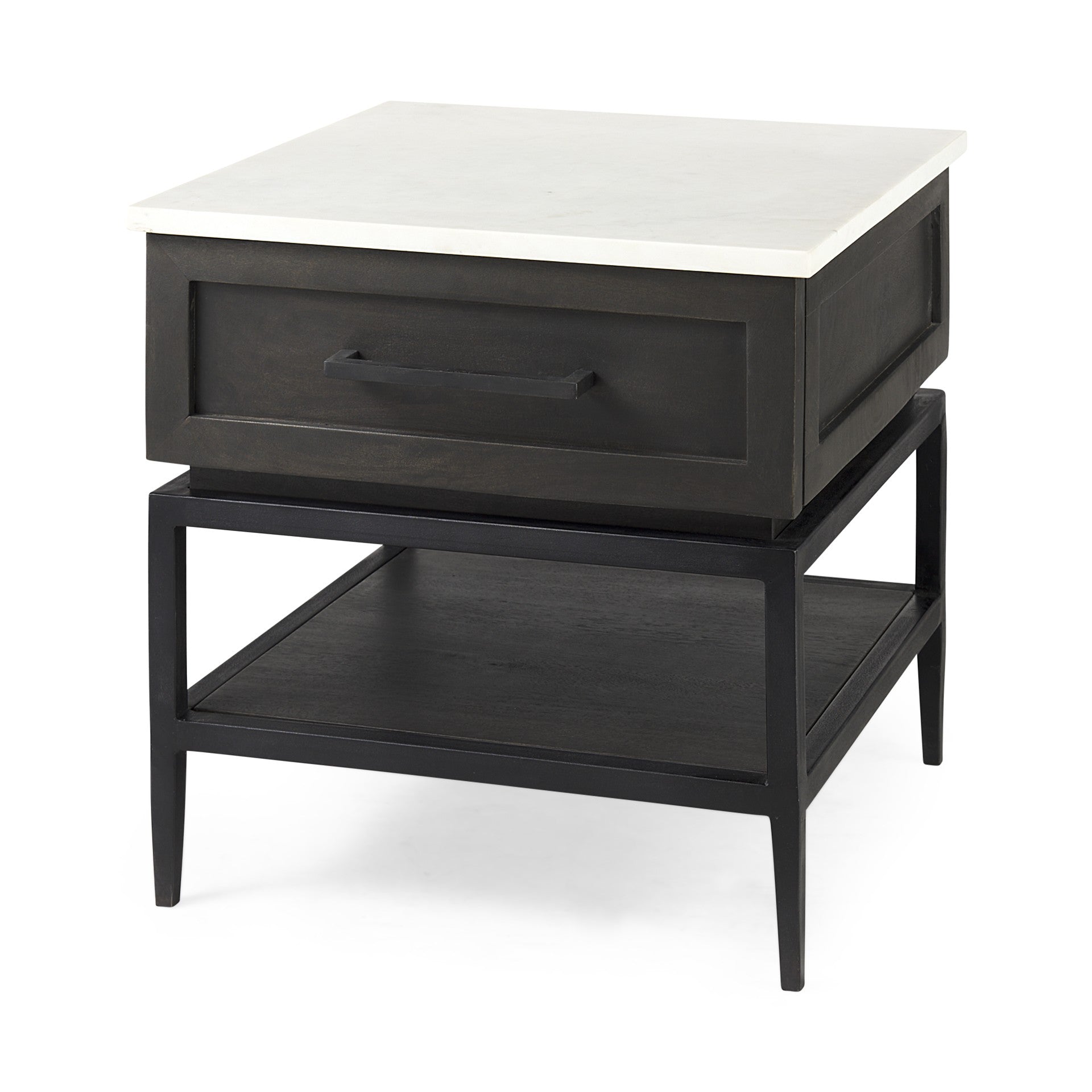 22" Black And White Marble Square End Table With Drawer And Shelf-End-Side Tables-DECOROLALA