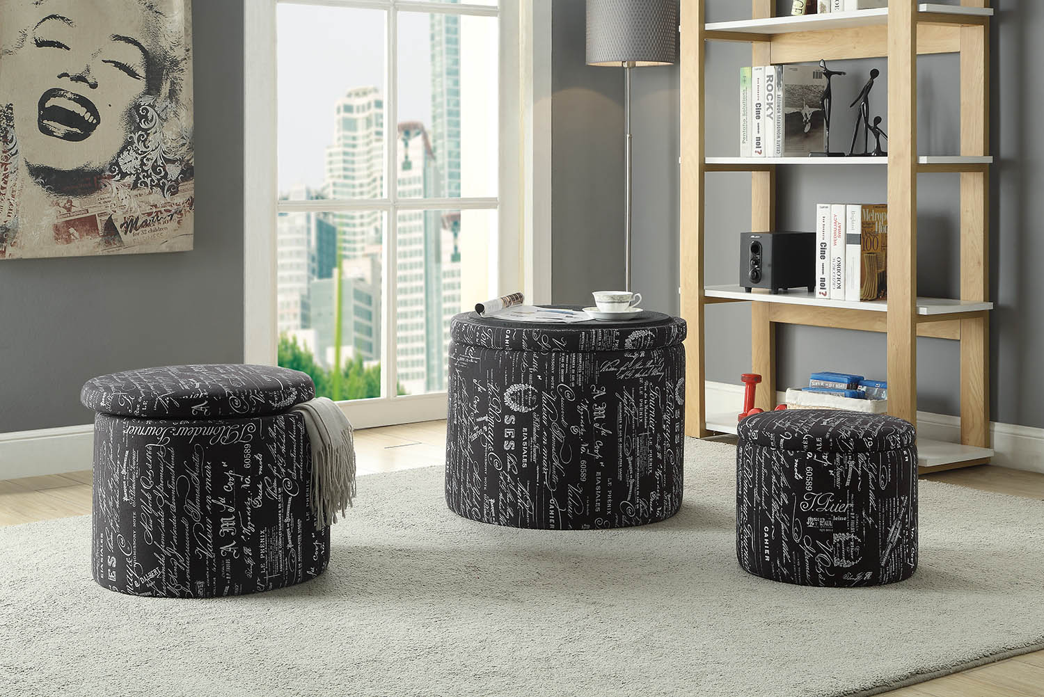 22" Black And White Polyester Blend Abstract Footstool Ottoman-Ottomans-DECOROLALA