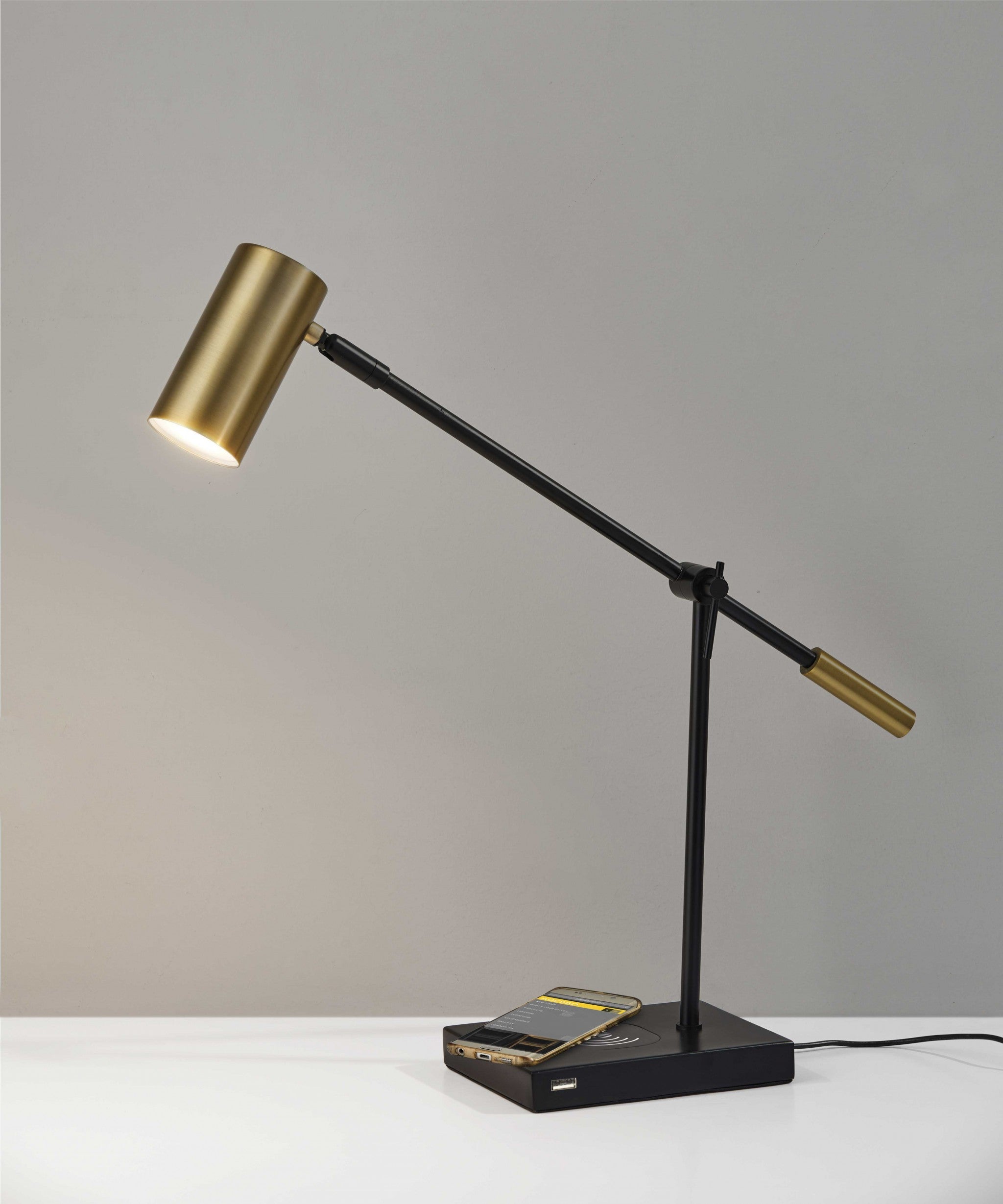 22" Black Metal Swing Arm LED Desk Lamp With USB And Antiqued Gold Cylinder Shade-Table Lamps-DECOROLALA