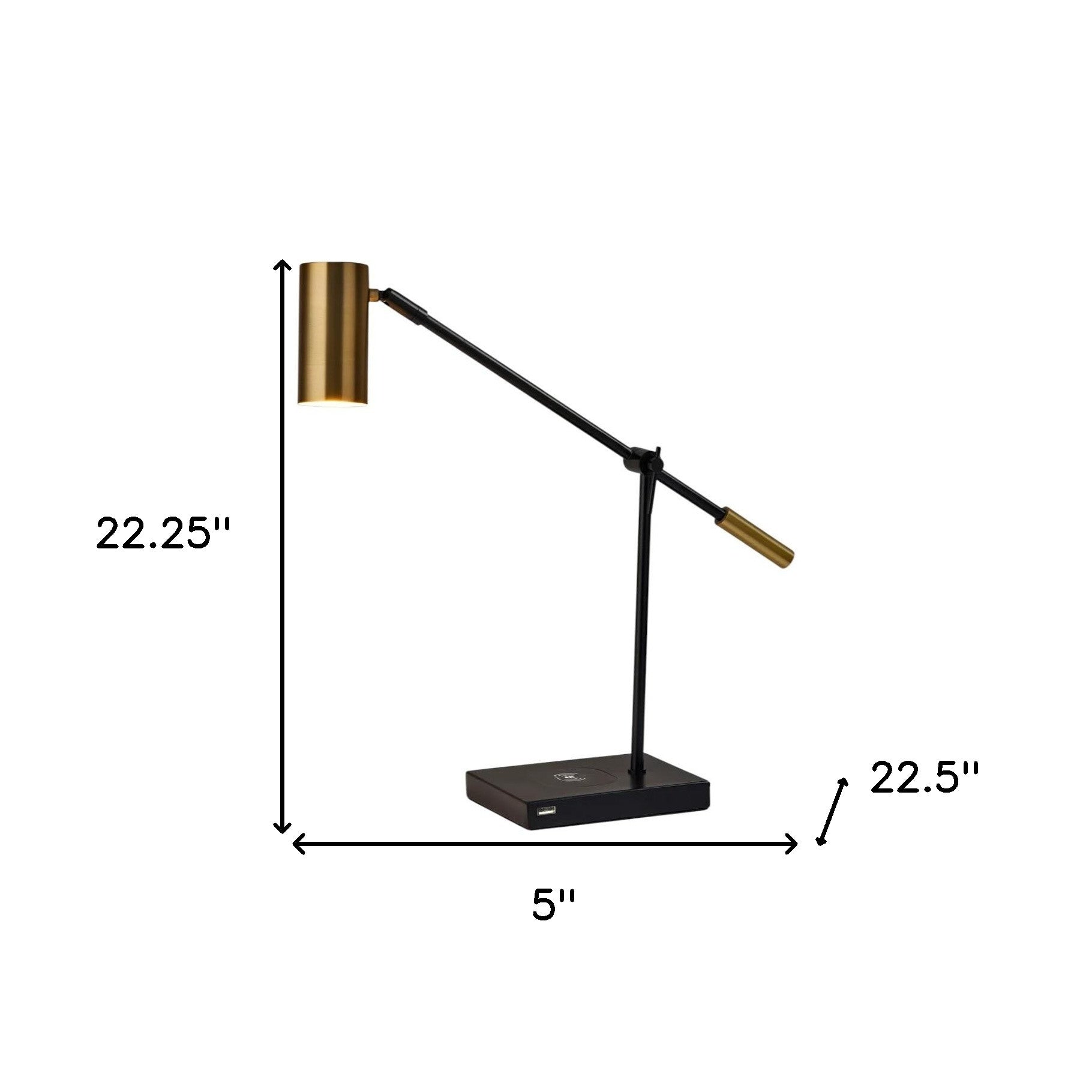 22" Black Metal Swing Arm LED Desk Lamp With USB And Antiqued Gold Cylinder Shade-Table Lamps-DECOROLALA
