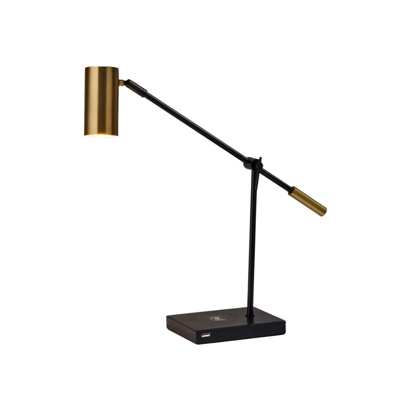 22" Black Metal Swing Arm LED Desk Lamp With USB And Antiqued Gold Cylinder Shade-Table Lamps-DECOROLALA