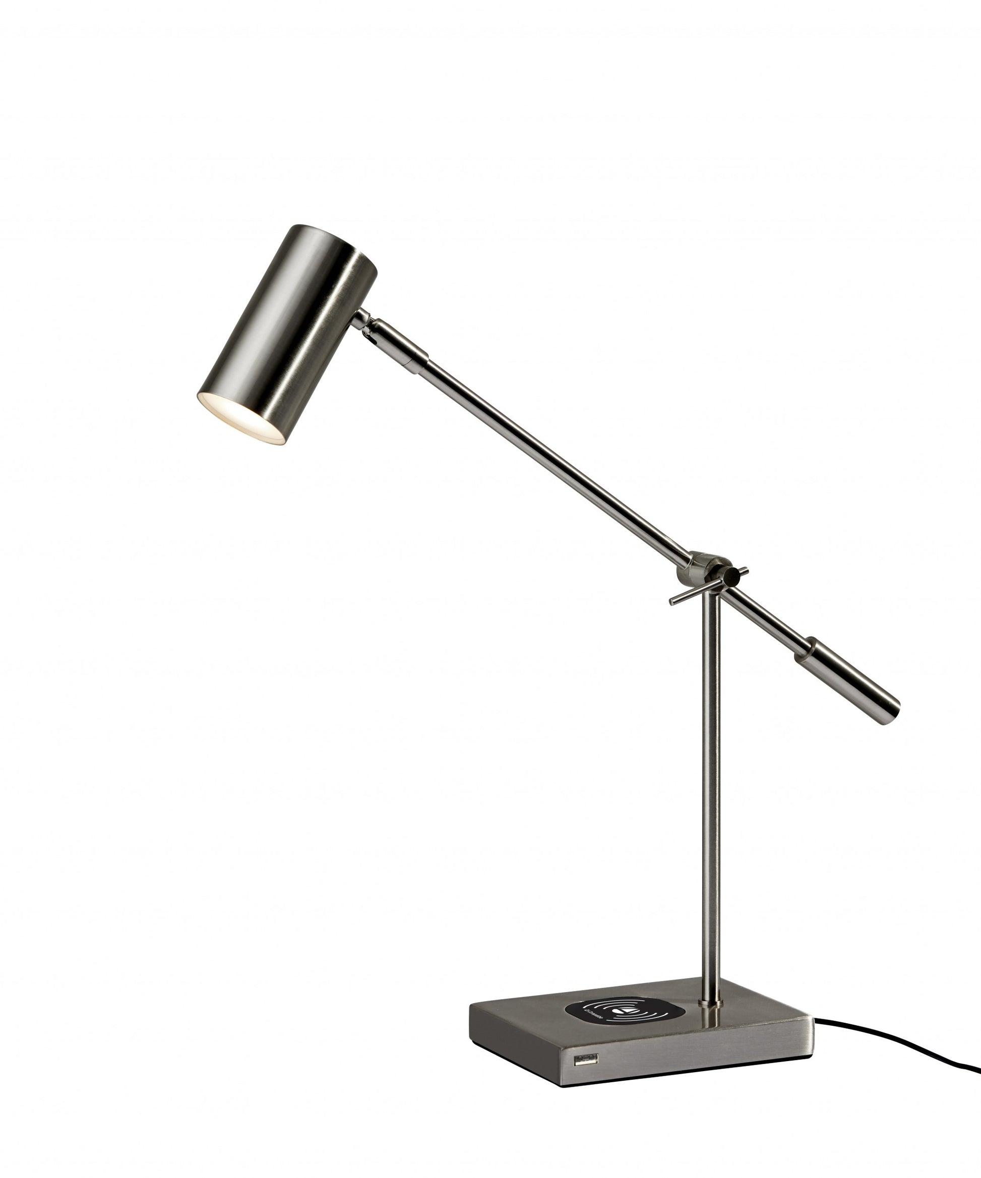 22" Black Metal Swing Arm LED Desk Lamp With USB And Antiqued Gold Cylinder Shade-Table Lamps-DECOROLALA