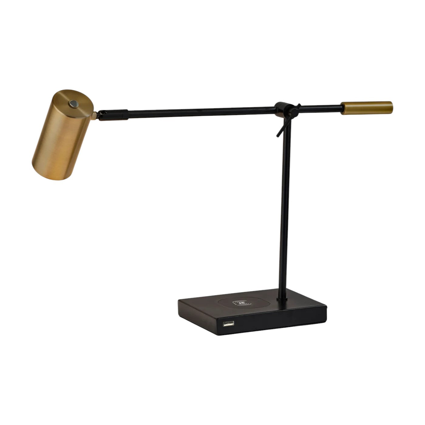 22" Black Metal Swing Arm LED Desk Lamp With USB And Antiqued Gold Cylinder Shade-Table Lamps-DECOROLALA