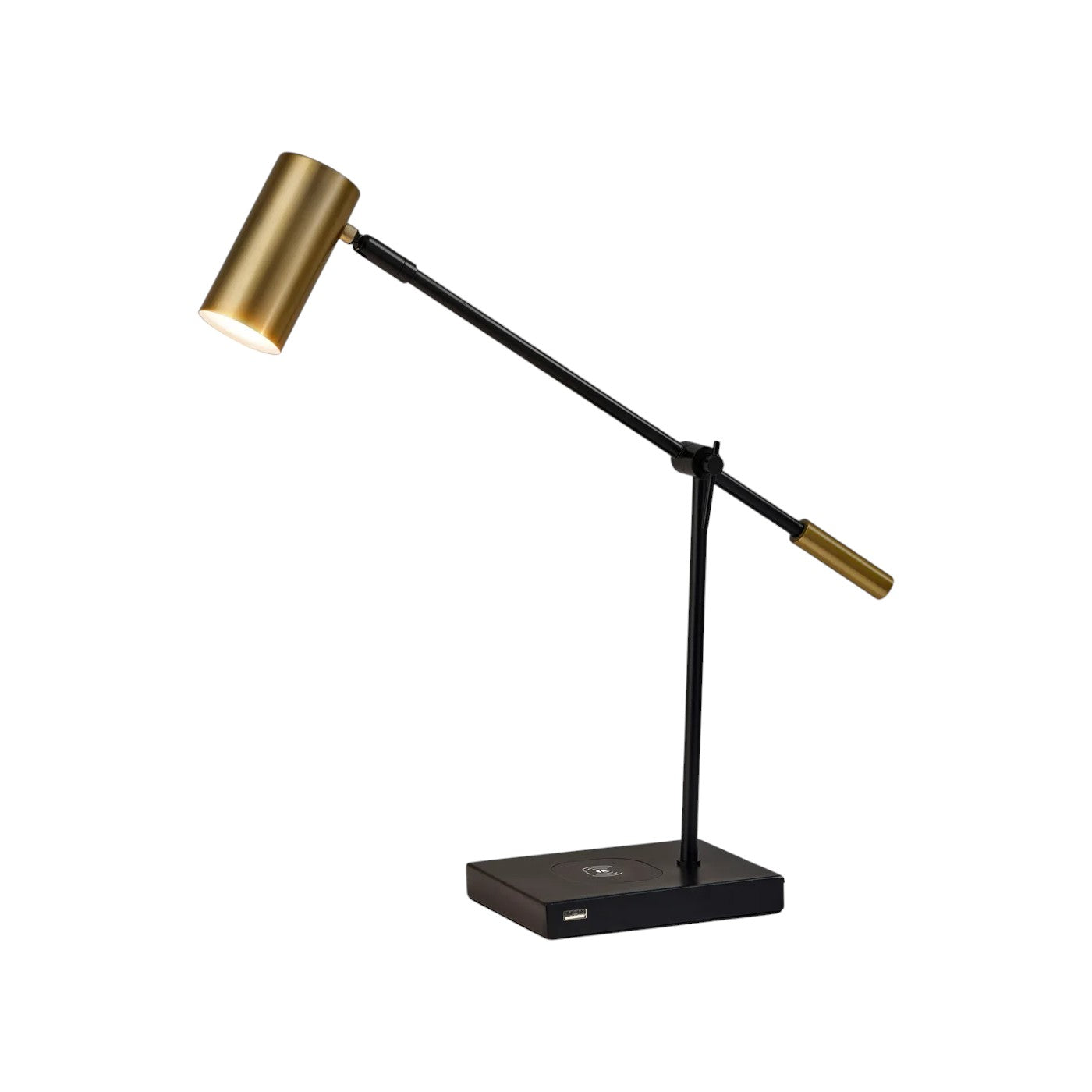 22" Black Metal Swing Arm LED Desk Lamp With USB And Antiqued Gold Cylinder Shade-Table Lamps-DECOROLALA