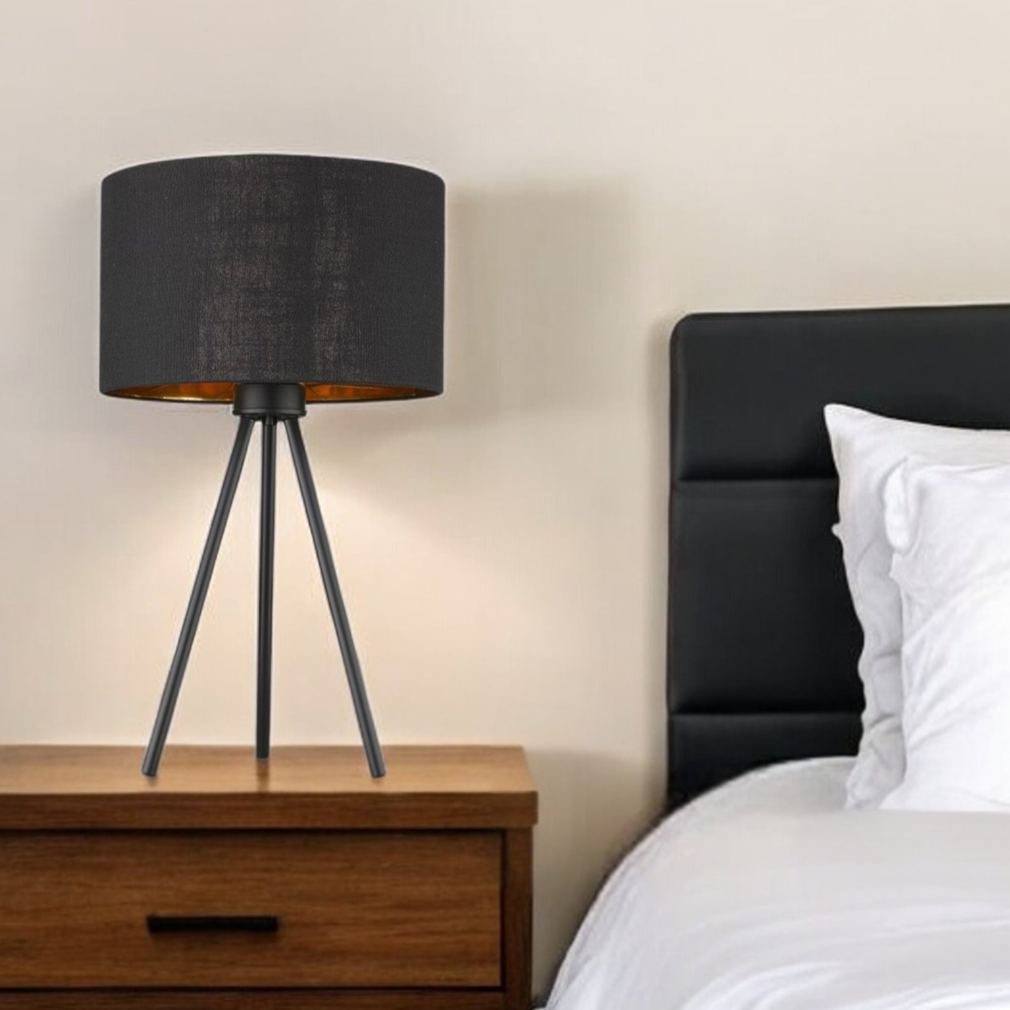 22" Black Metal Tripod Table Lamp With Black Drum Shade-Table Lamps-DECOROLALA