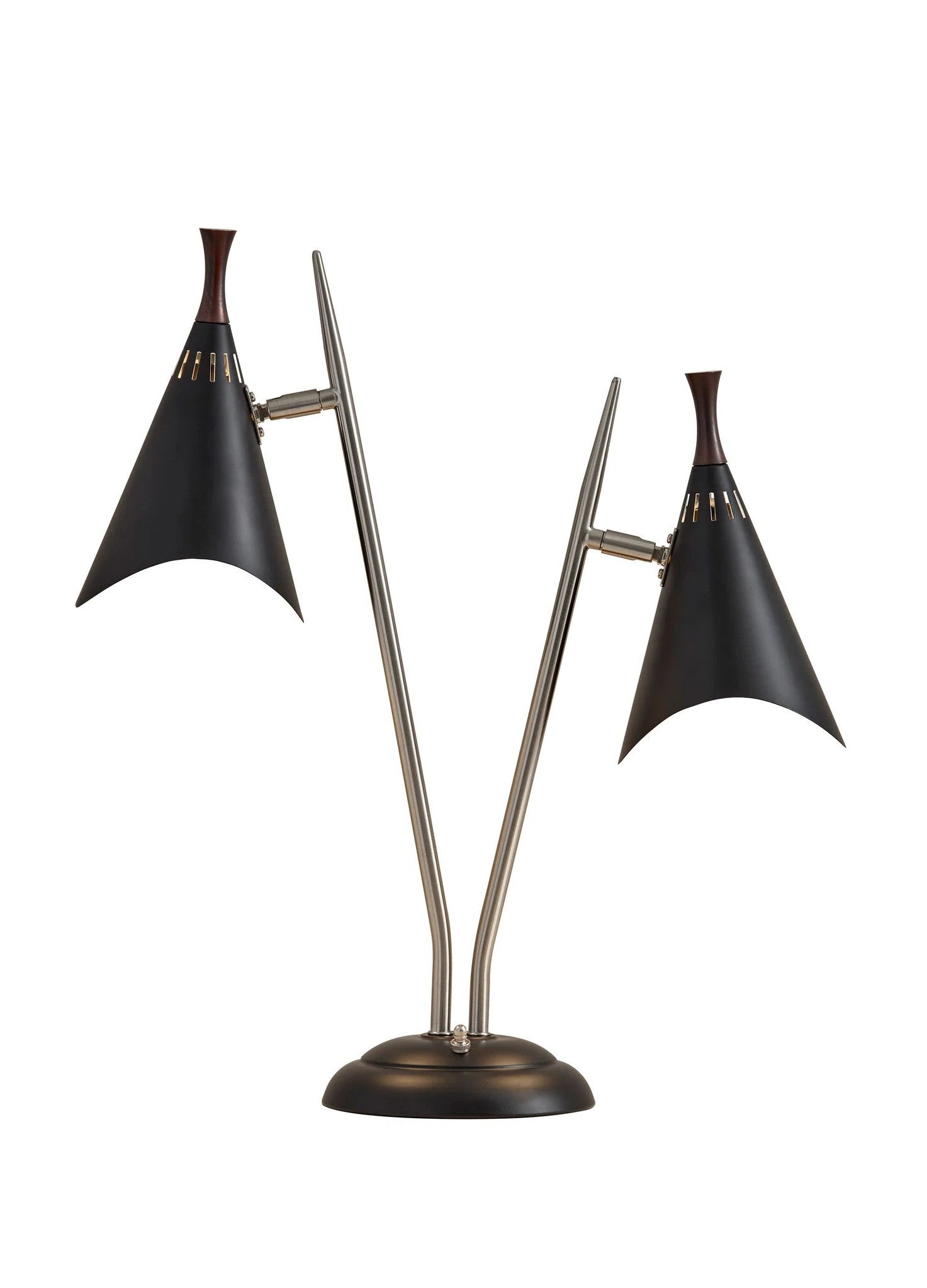 22" Black and Silver Metal Two Light Desk Lamp With Black Cone Shades-Table Lamps-DECOROLALA