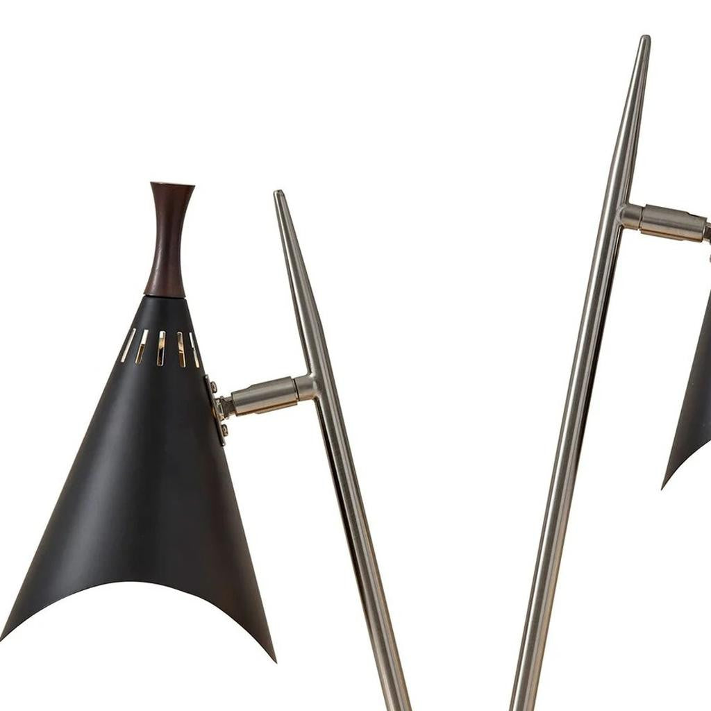 22" Black and Silver Metal Two Light Desk Lamp With Black Cone Shades-Table Lamps-DECOROLALA