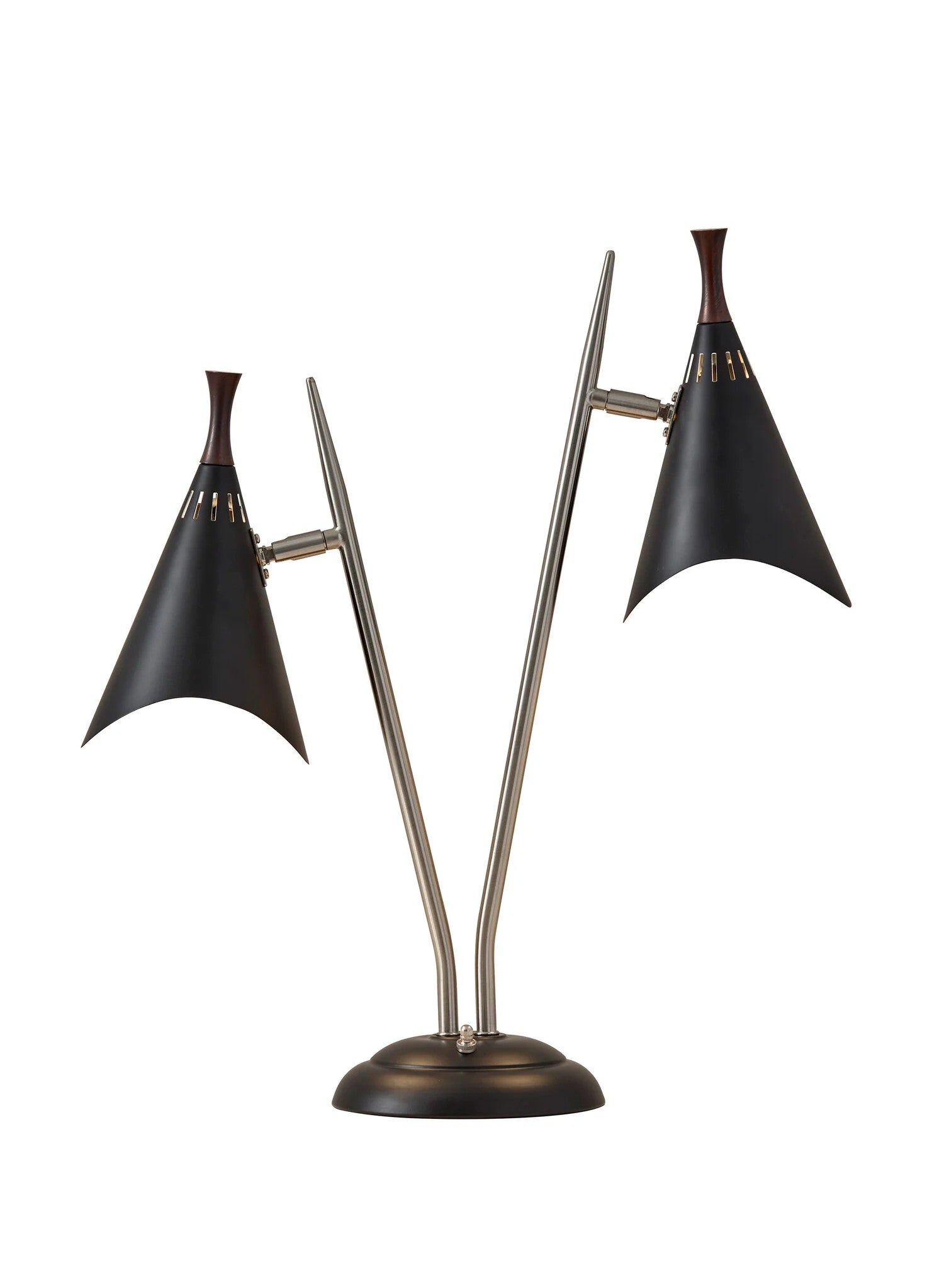 22" Black and Silver Metal Two Light Desk Lamp With Black Cone Shades-Table Lamps-DECOROLALA