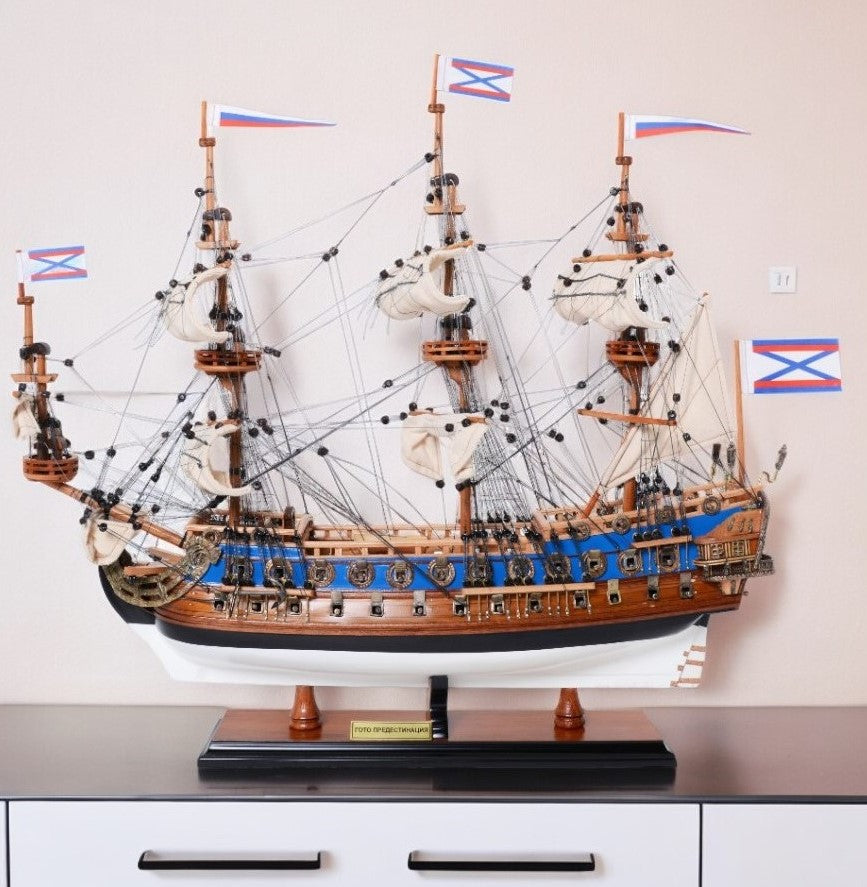 22" Blue and Brown Solid Wood Hand Painted 1700 Goto Predestination Medium Model Boat-Sculptures-DECOROLALA