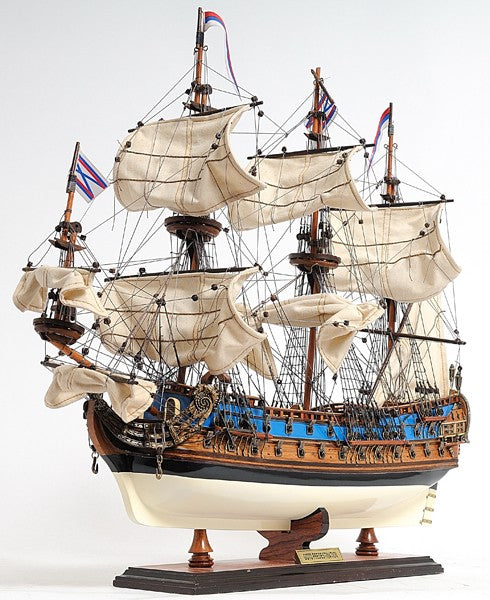 22" Blue and Brown Solid Wood Hand Painted 1700 Goto Predestination Medium Model Boat-Sculptures-DECOROLALA