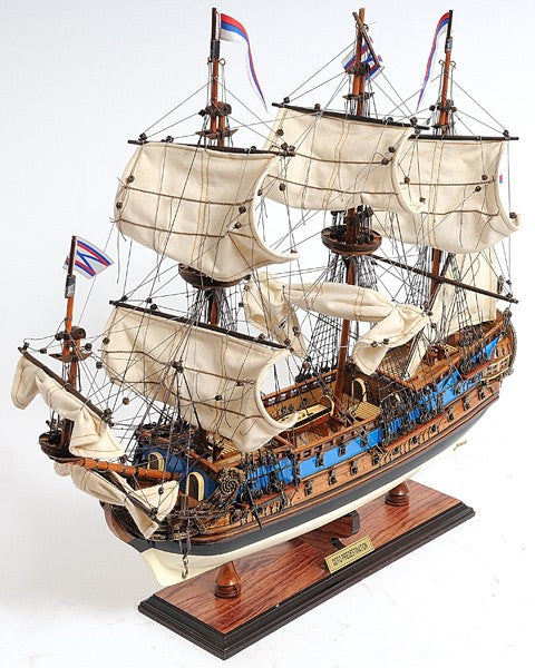 22" Blue and Brown Solid Wood Hand Painted 1700 Goto Predestination Medium Model Boat-Sculptures-DECOROLALA