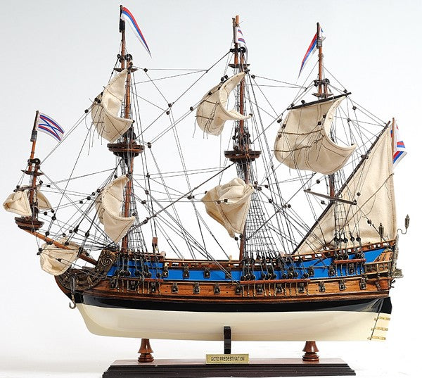 22" Blue and Brown Solid Wood Hand Painted 1700 Goto Predestination Medium Model Boat-Sculptures-DECOROLALA