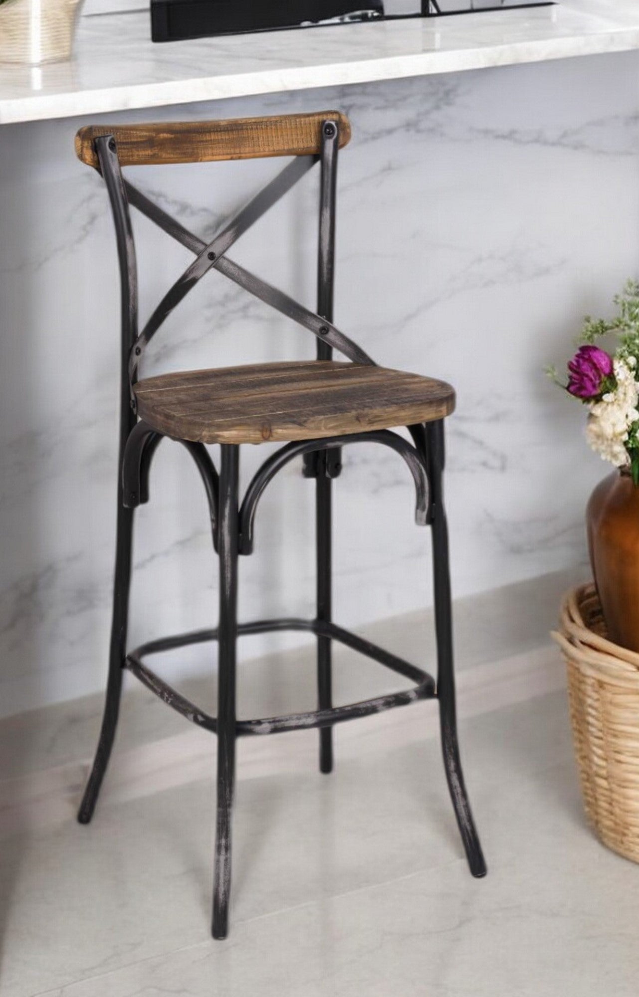 22" Brown And Black Iron Bar Chair-Bar Chairs-DECOROLALA