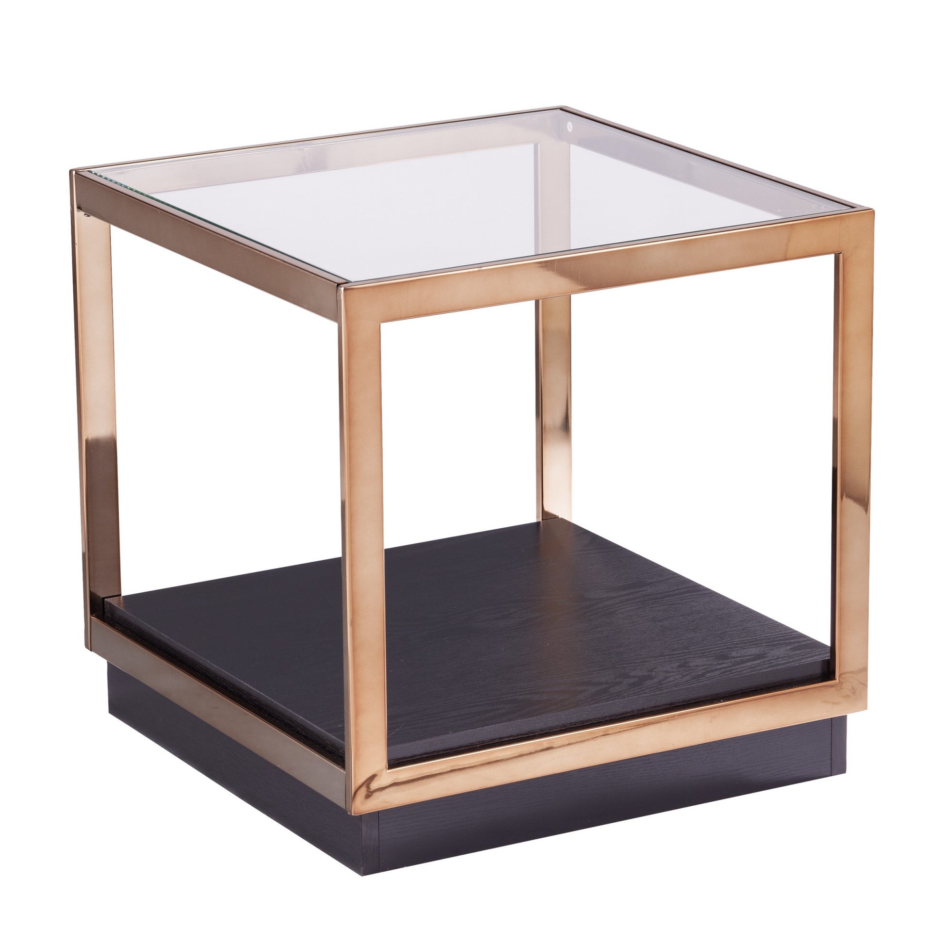22" Champagne Glass And Iron Square Block End Table With Shelf-End-Side Tables-DECOROLALA